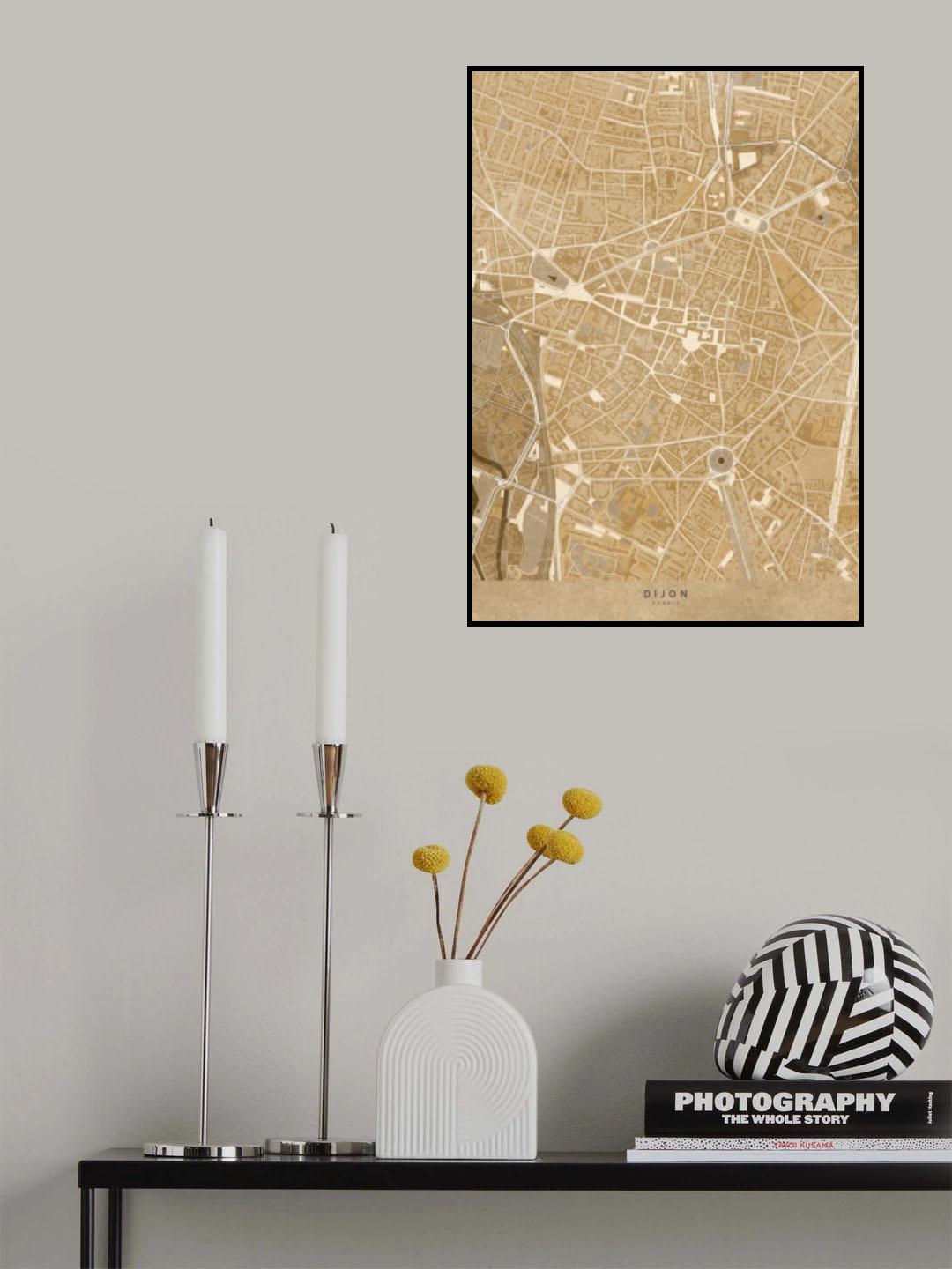 Sepia vintage map of Dijon downtown France Poster och Canvastavla