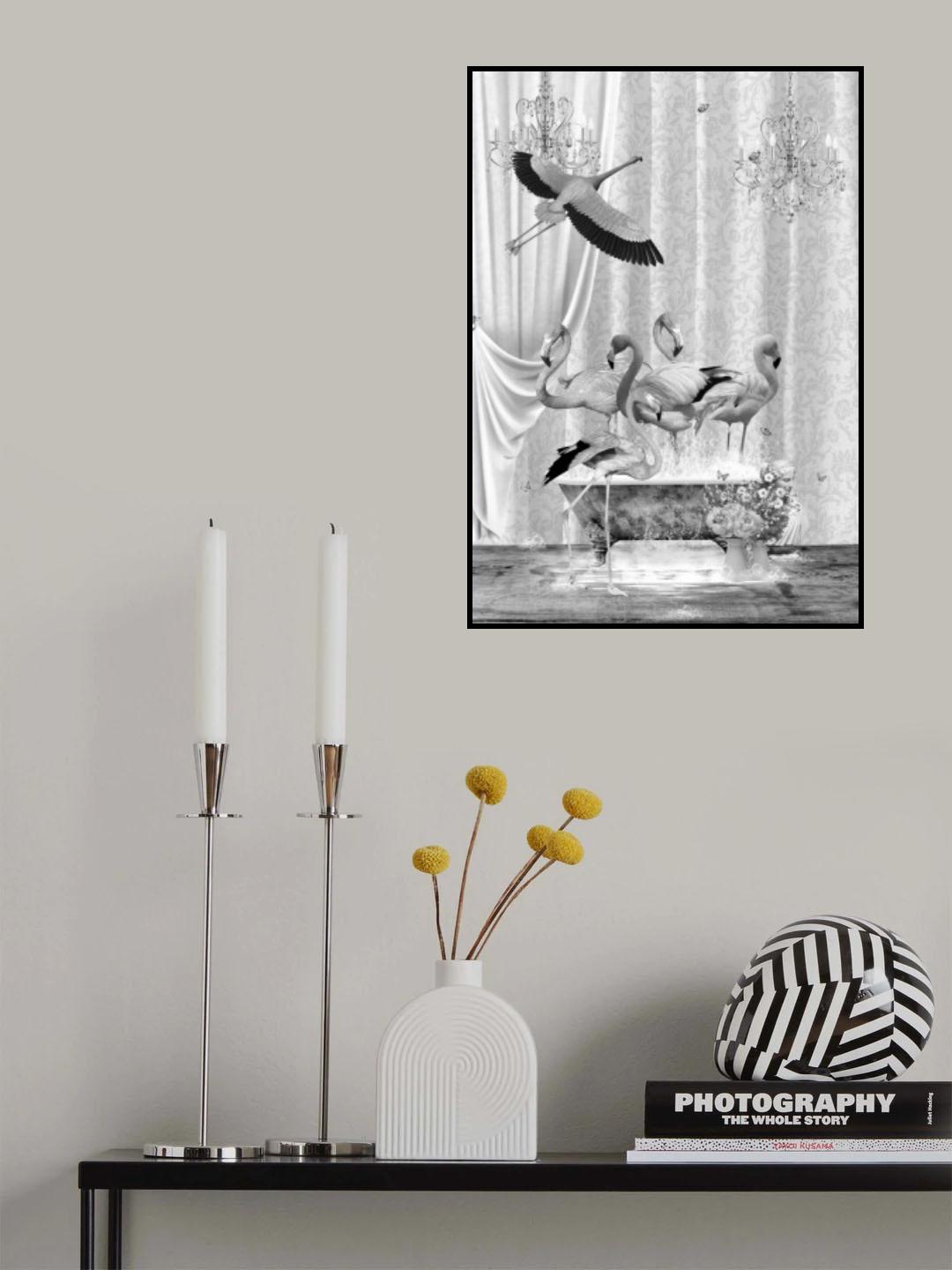 A flurry of Flamingos & Bubble Black & White Poster och Canvastavla