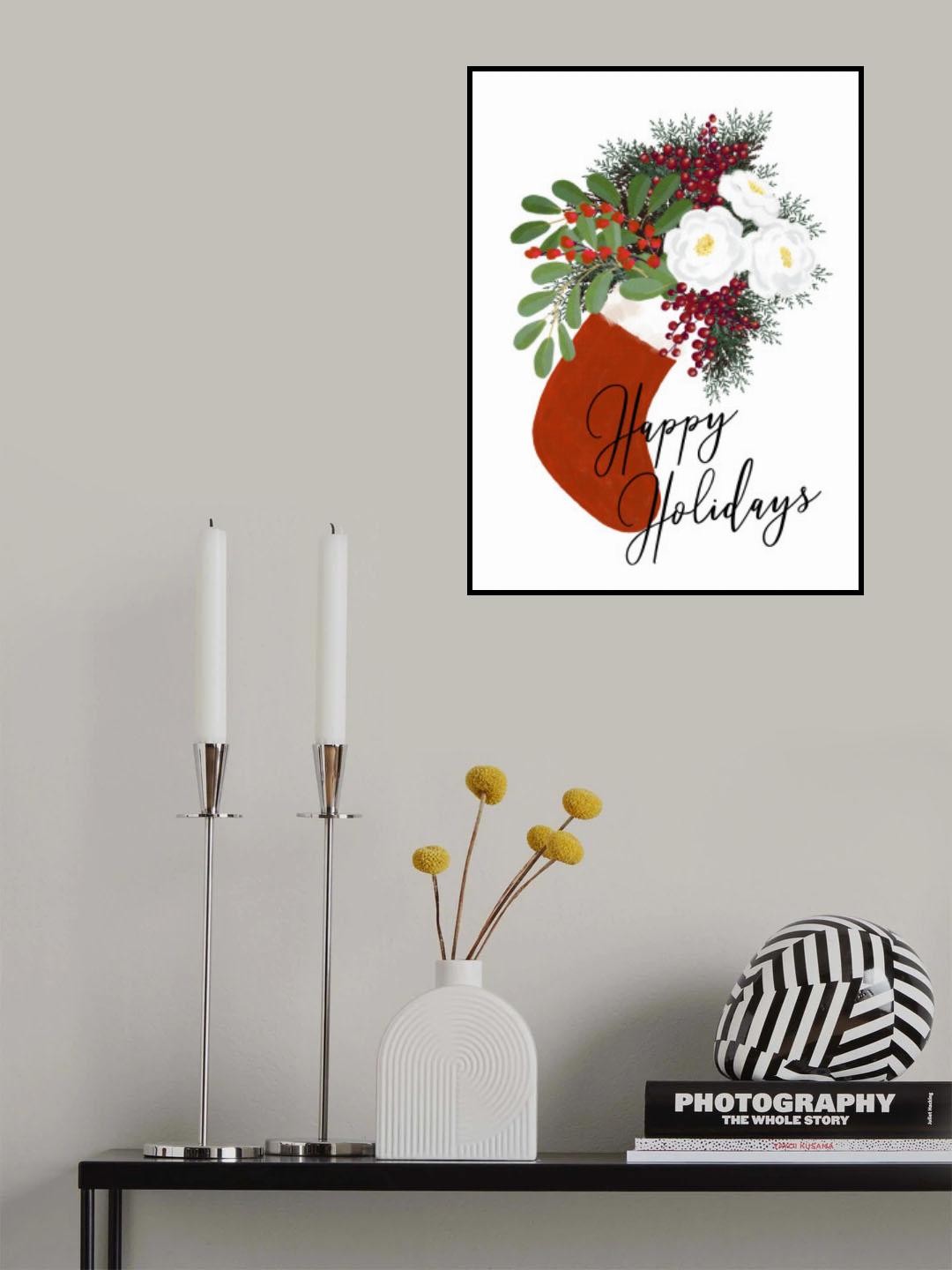 Floral Stocking Happy holidays in white Poster och Canvastavla