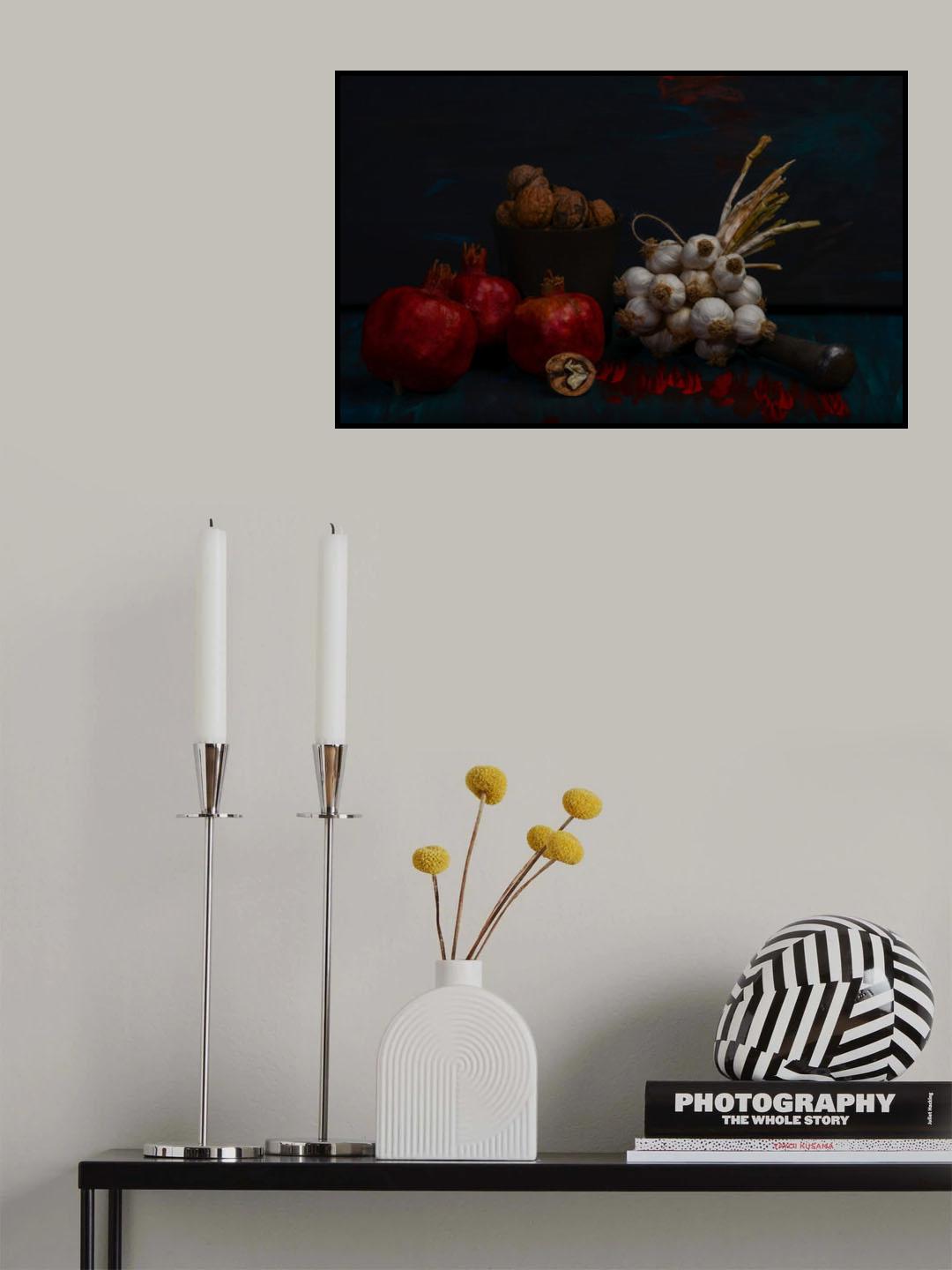 Still life with garlic, walnuts and pomegranates Poster och Canvastavla