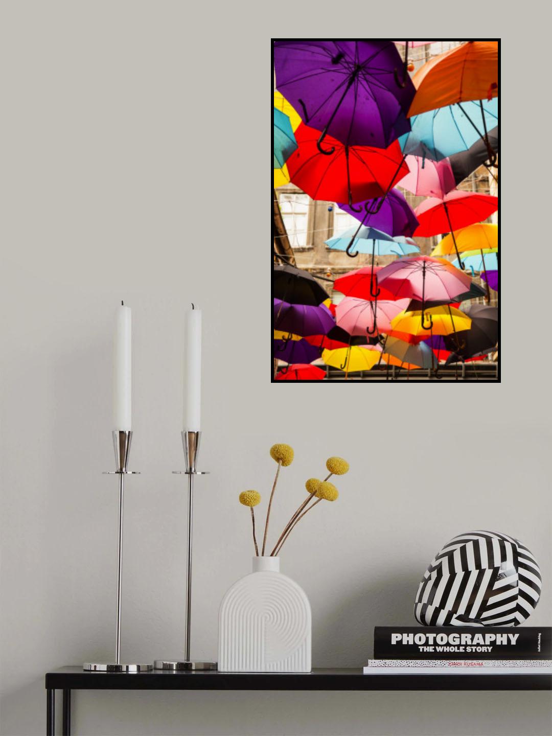 old building and decorative umbrellas Poster och Canvastavla