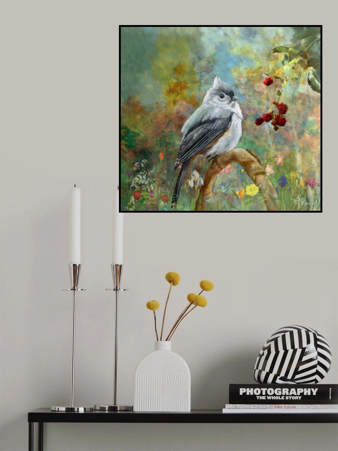 Titmouse In the Berries Garden Poster och Canvastavla