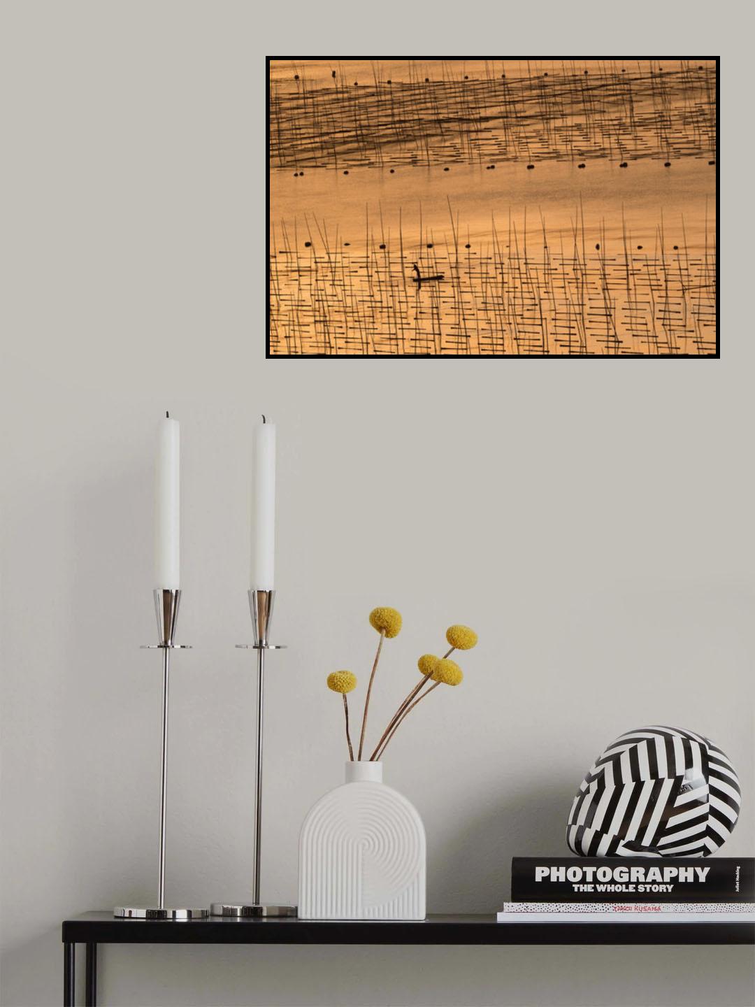 An aquaculture farmer and his farm under sunset Poster och Canvastavla