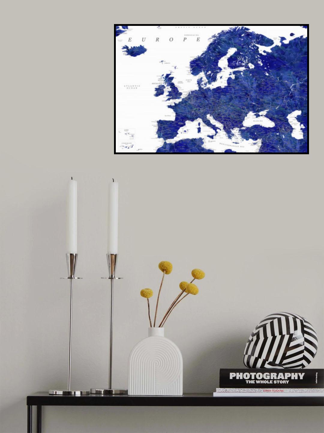 Navy blue detailed map of Europe Poster och Canvastavla