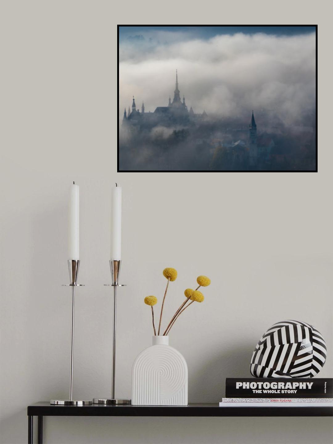 Dense fog over old town Poster och Canvastavla