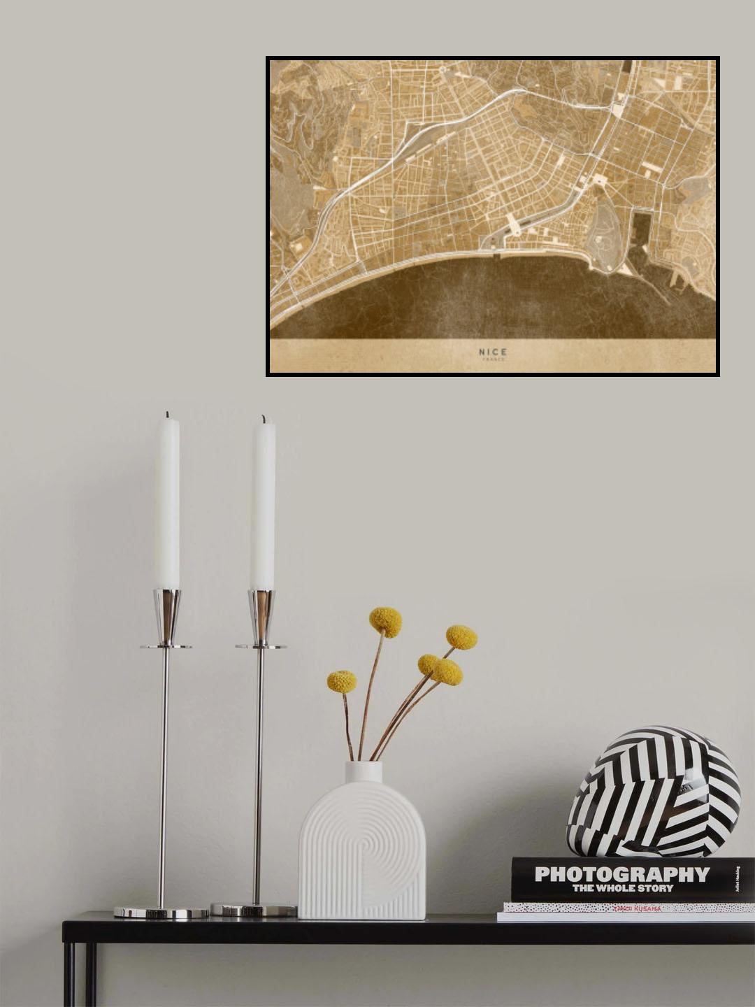 Sepia vintage map of Nice downtown France Poster och Canvastavla