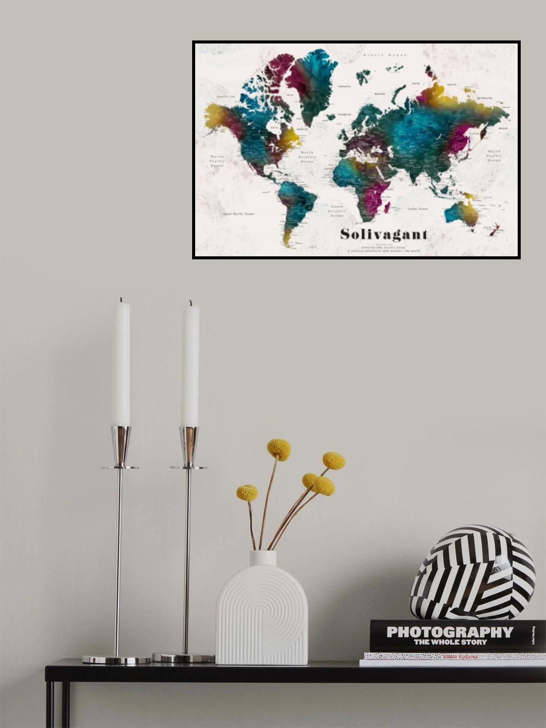 Charleena world map with cities, Solivagant Poster och Canvastavla