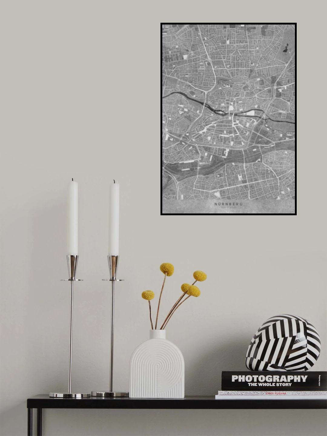 Gray vintage map of Nürnberg downtown Germany Poster och Canvastavla