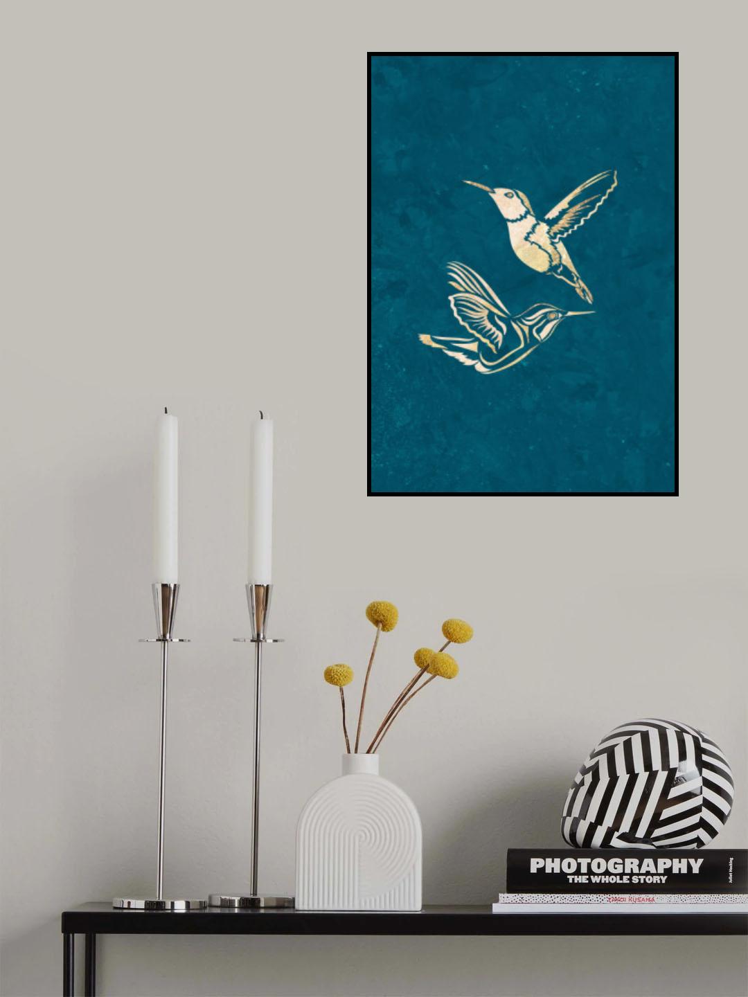 Gold Hummingbird Line art Silhouettes 1 Poster och Canvastavla