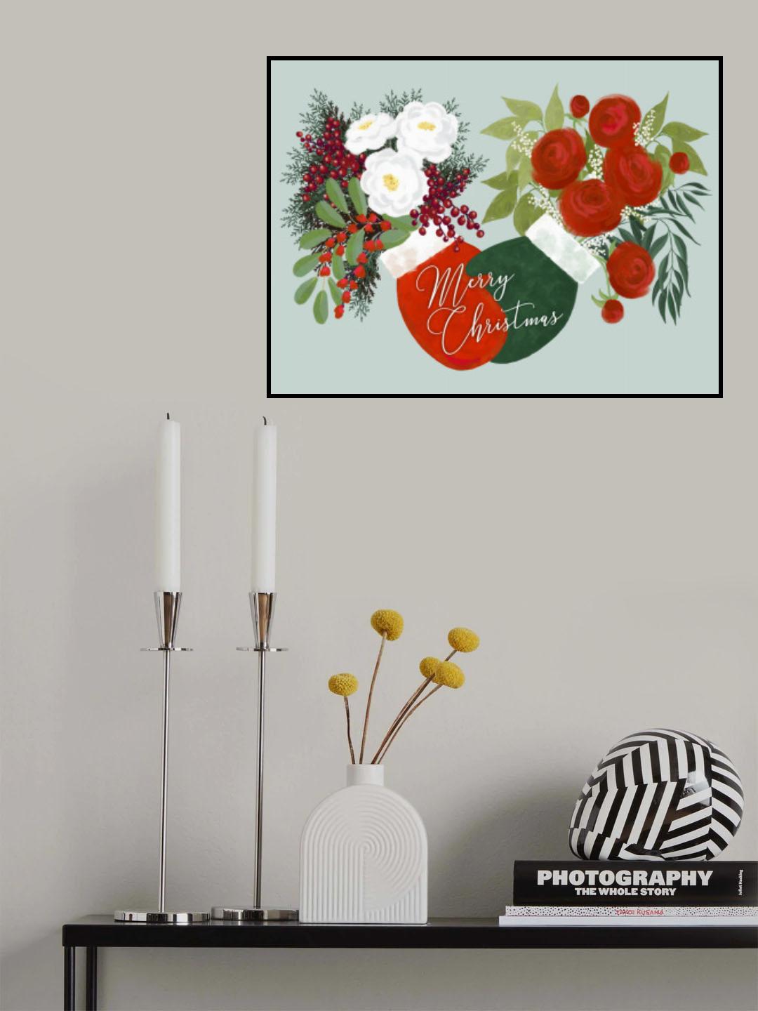 Floral mittens Merry Christmas in mint Poster och Canvastavla