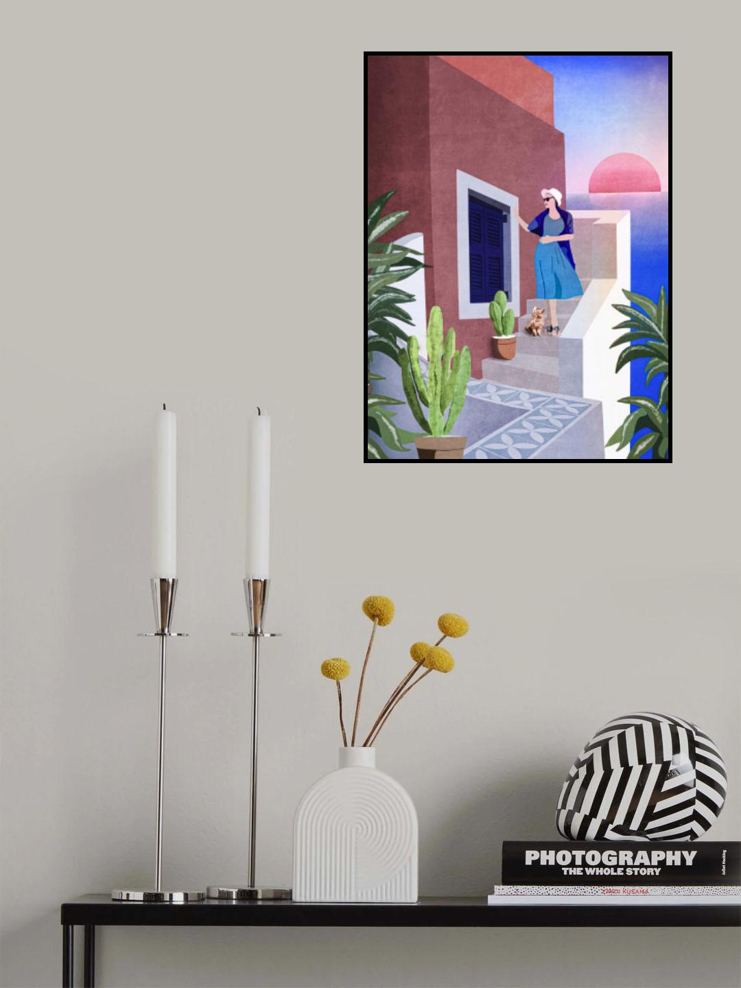 Lady and Cat In Santorini Poster och Canvastavla