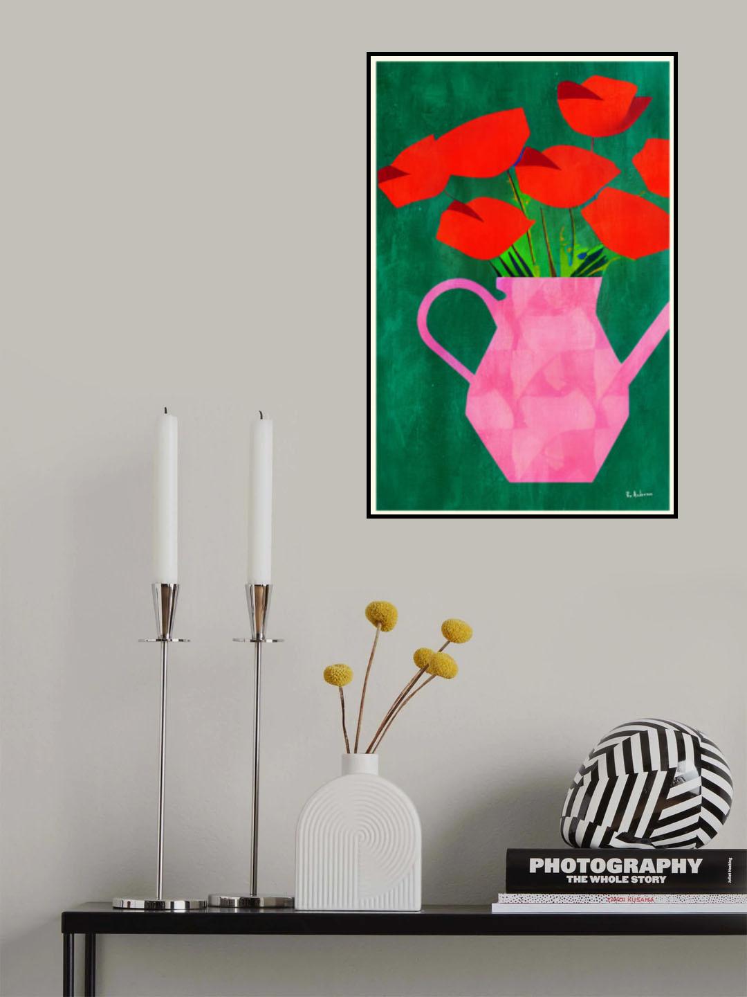 Red Poppies In a Pink Vase Poster och Canvastavla
