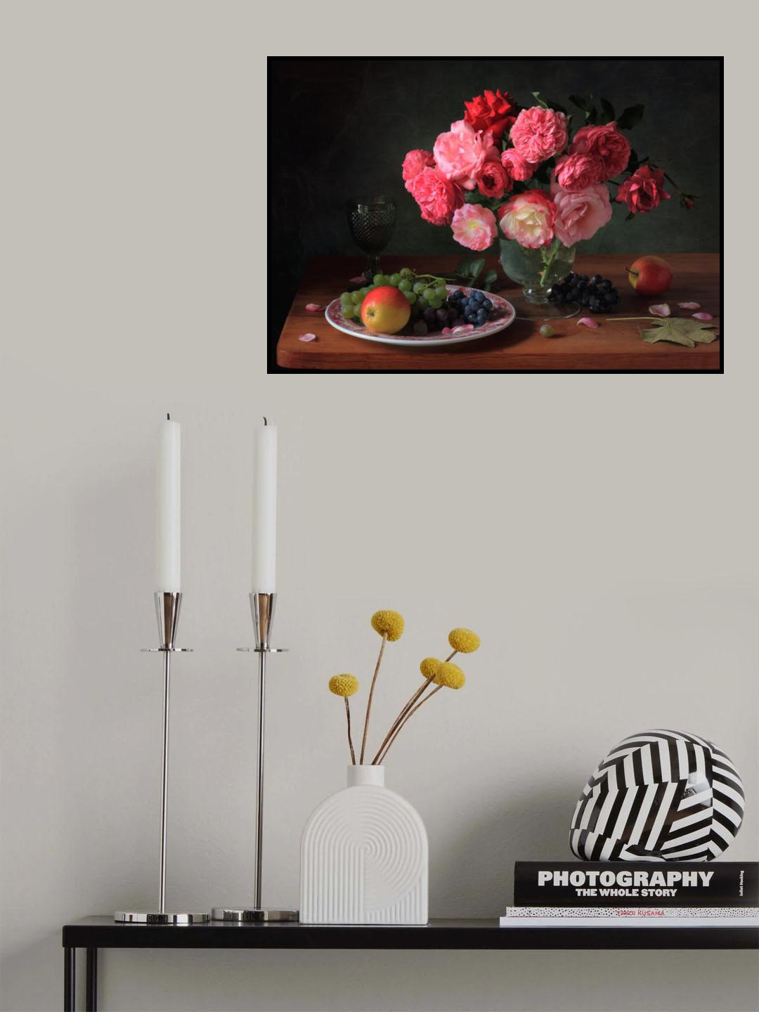 Still life with a bouquet of roses and fruits Poster och Canvastavla
