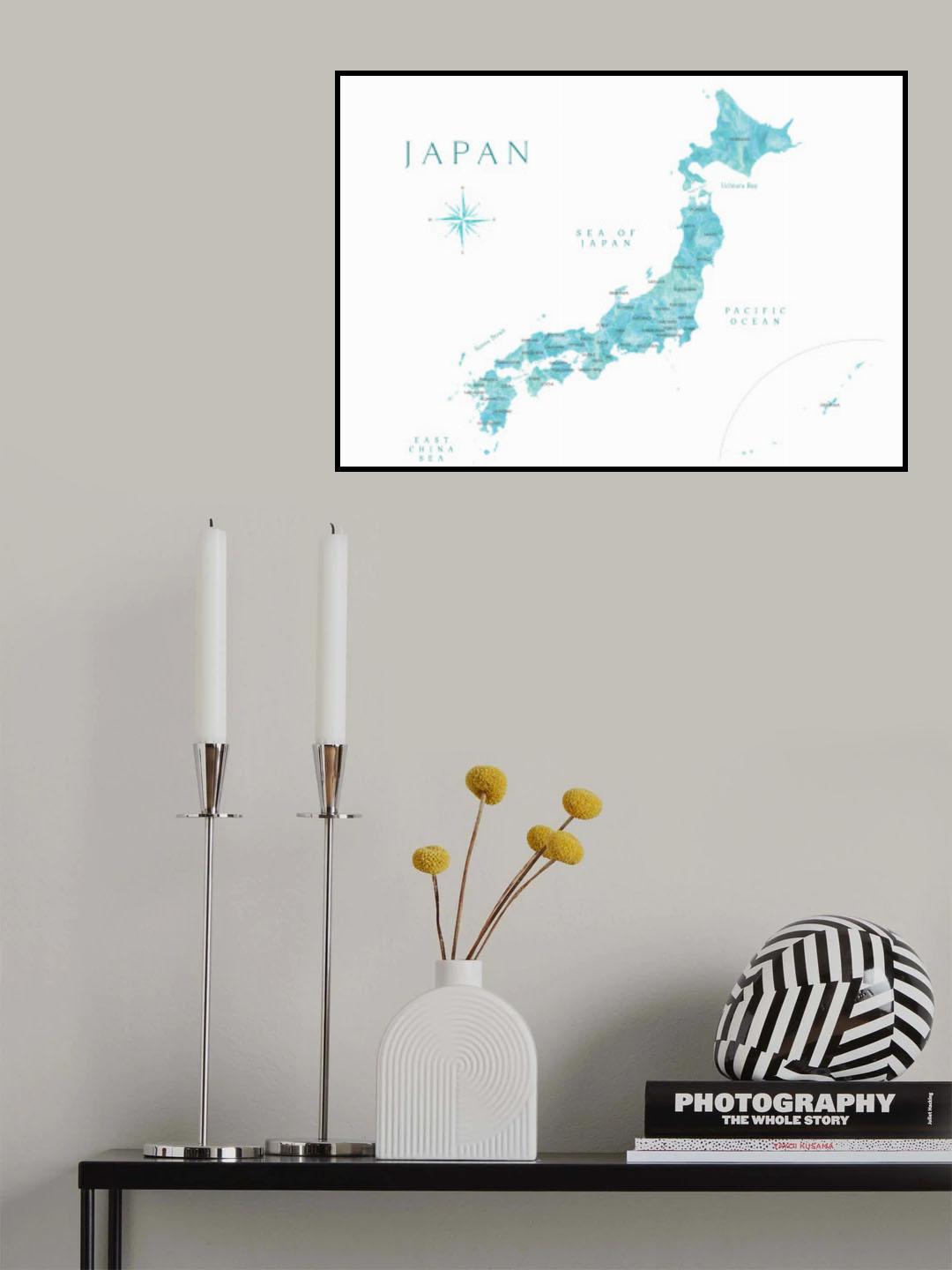Aquamarine watercolor Japan map Poster och Canvastavla
