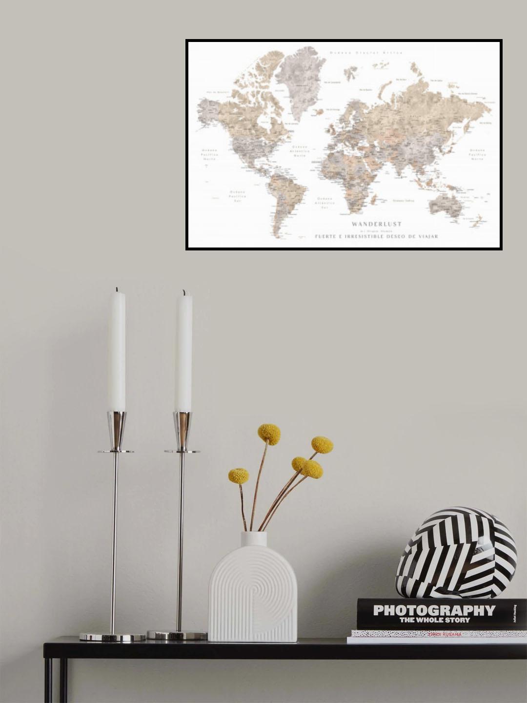 Wanderlust world map in spanish Poster och Canvastavla