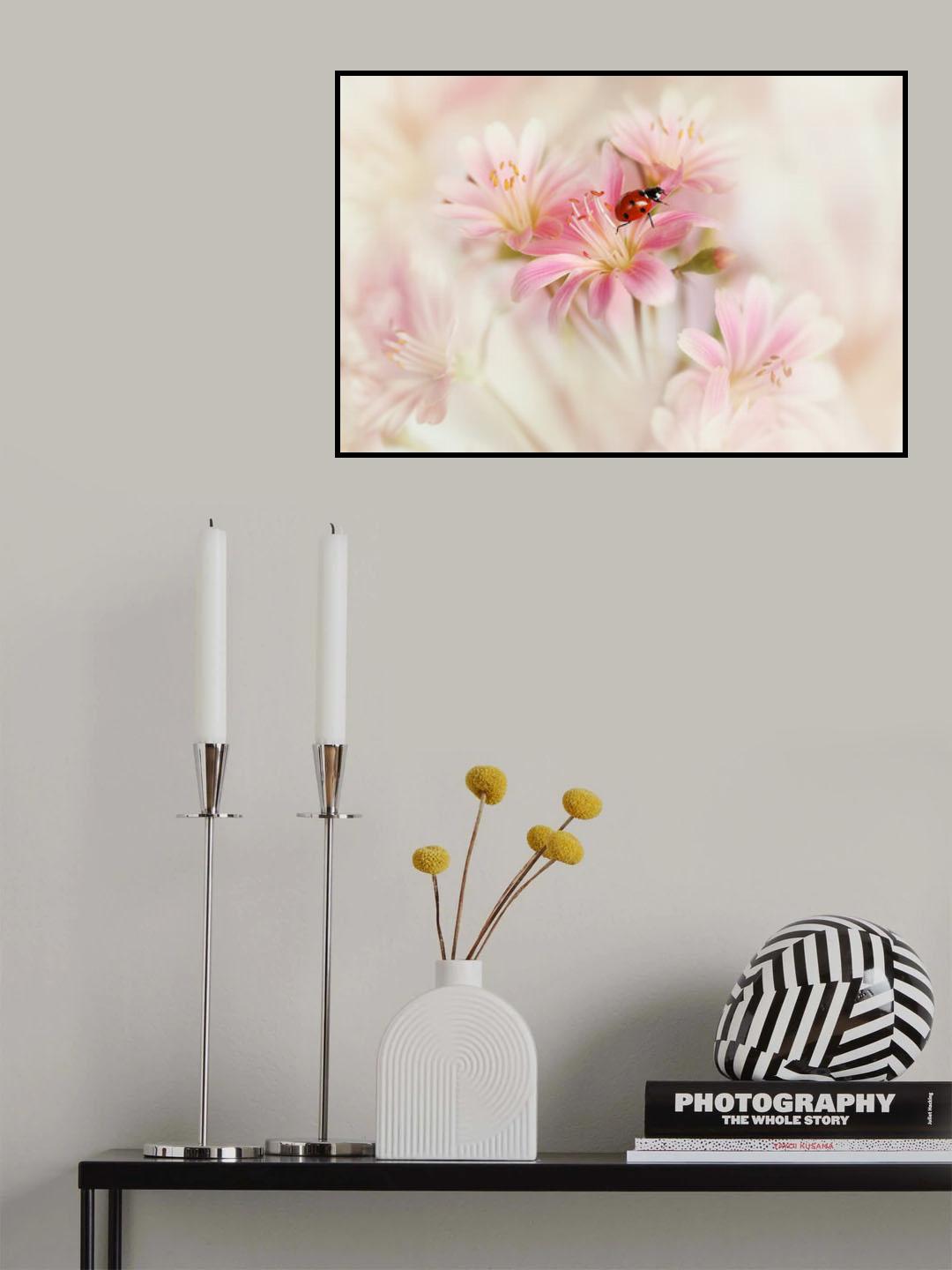 Ladybird with pink flowers. Poster och Canvastavla