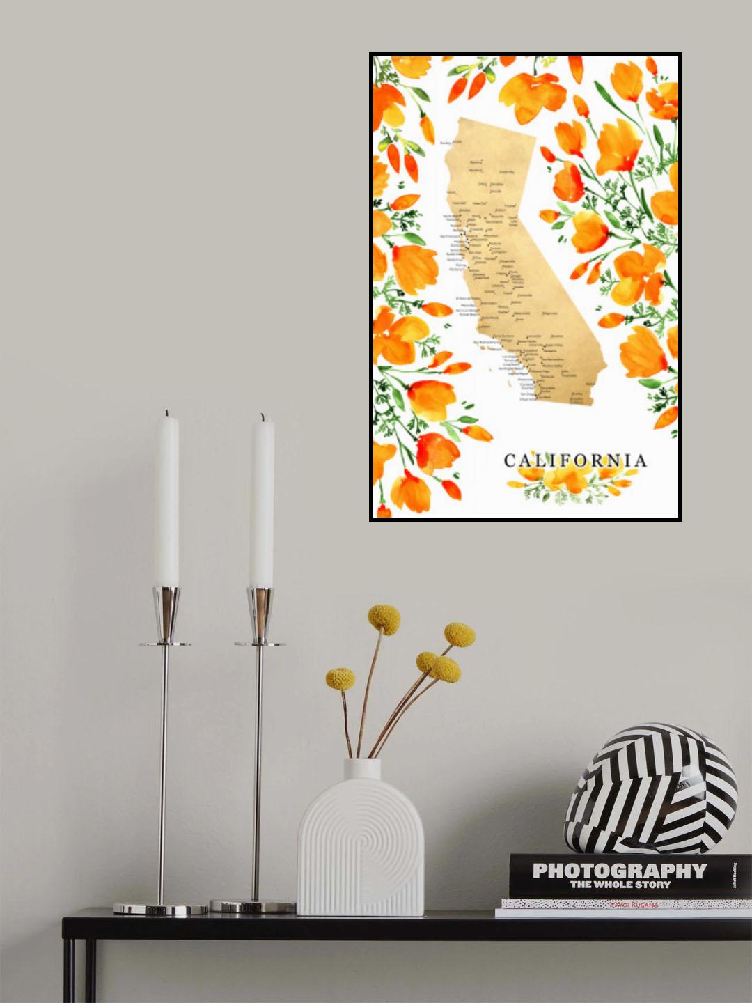 California map with watercolor poppies Poster och Canvastavla