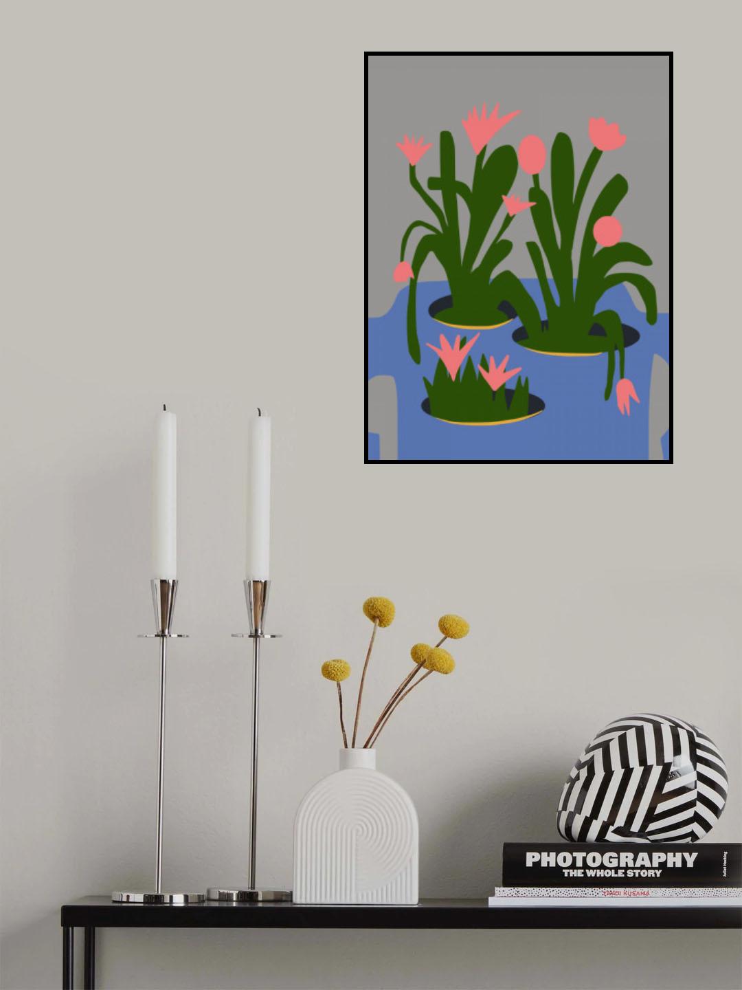 Blue Recycle Bottle With Pink Blooms Poster och Canvastavla