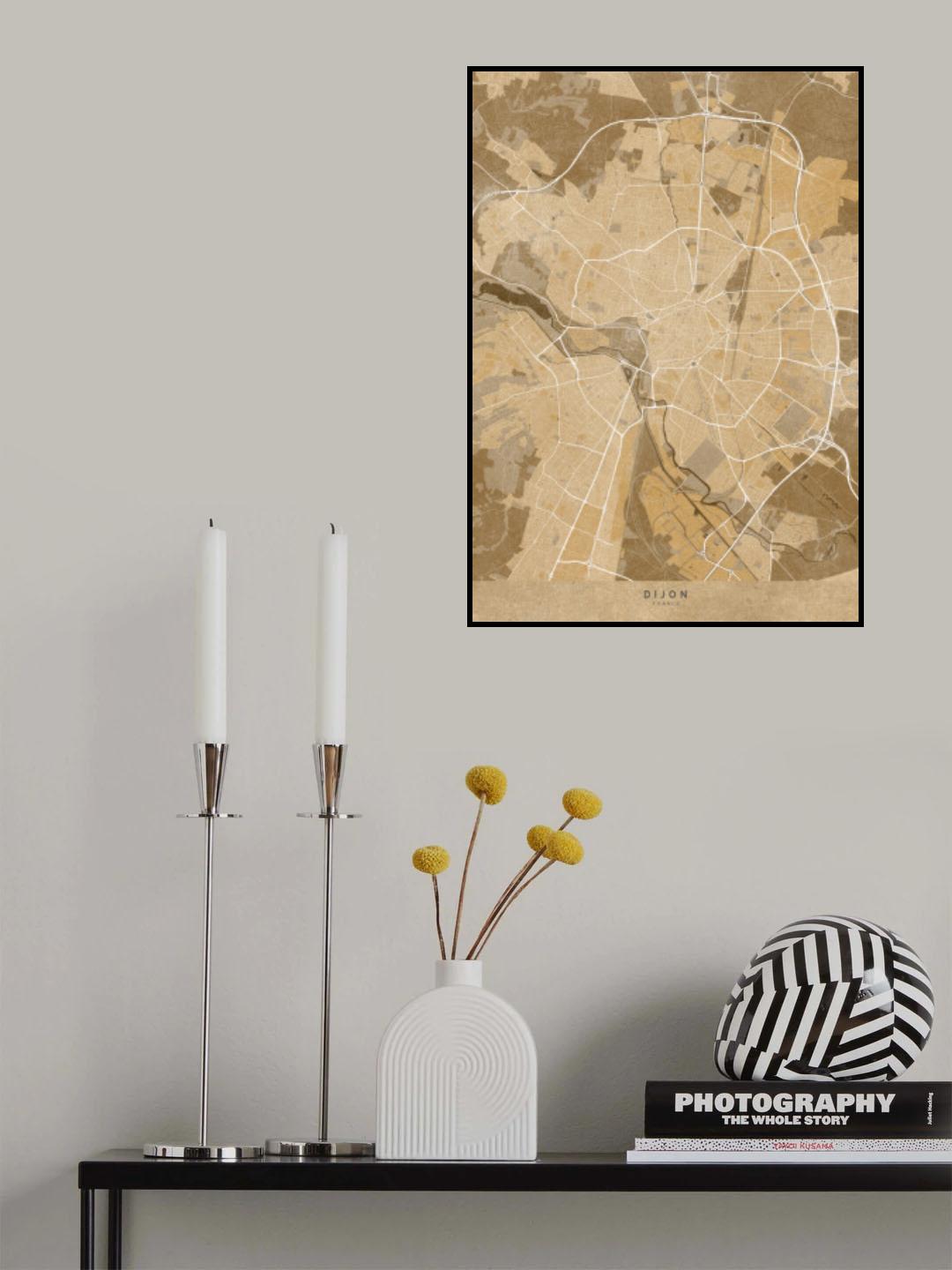 Sepia vintage map of Dijon France Poster och Canvastavla