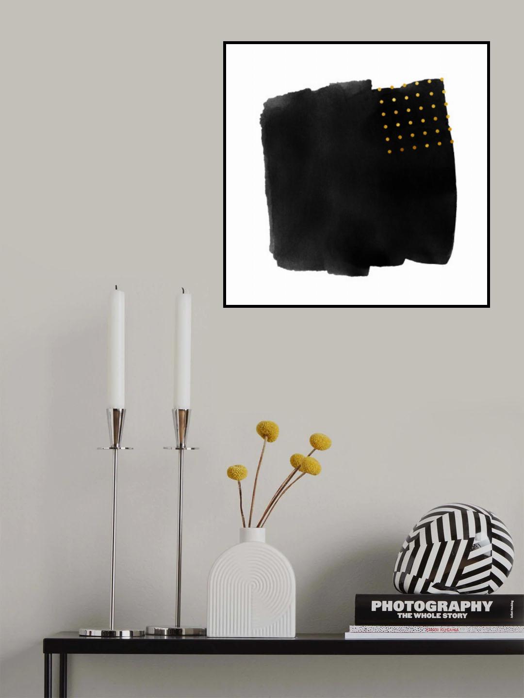 Black Abstract Watercolor Brushstroke With Gold Polka Dots Poster och Canvastavla