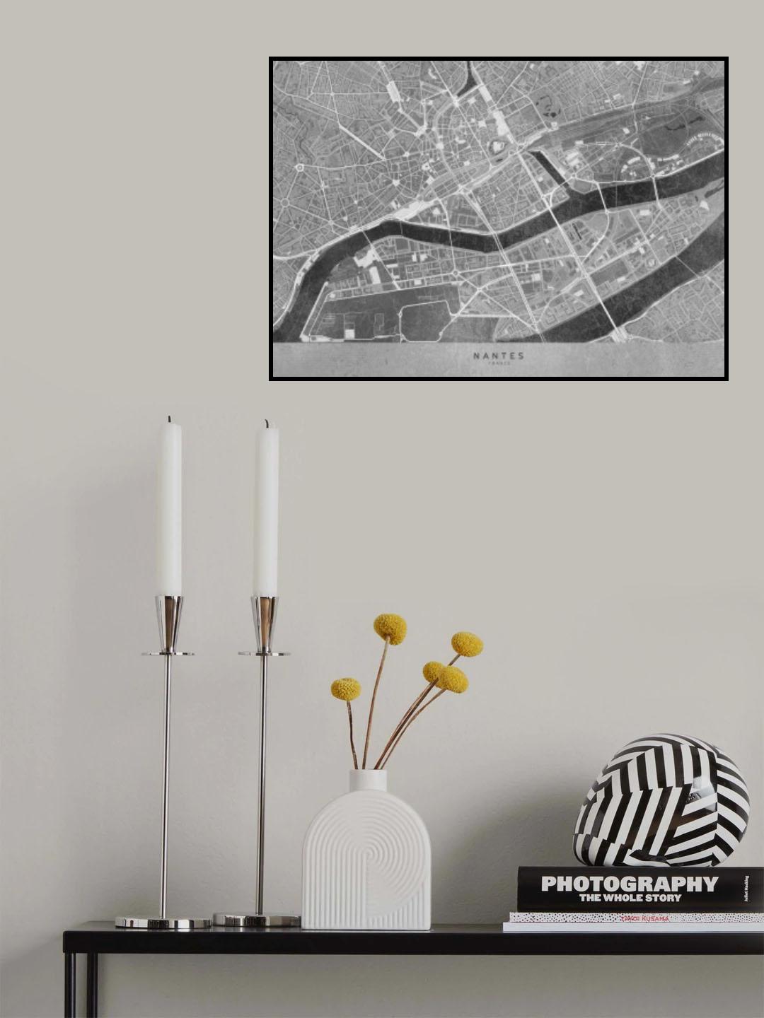 Gray vintage map of Nantes downtown France Poster och Canvastavla