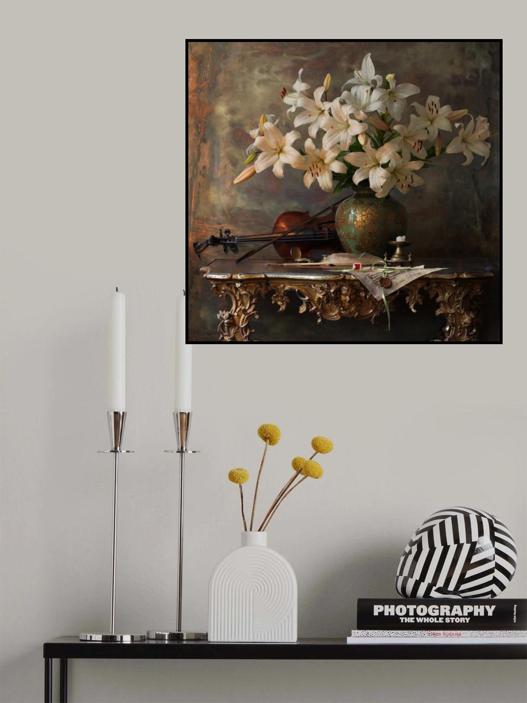 Still life with violin and flowers Poster och Canvastavla