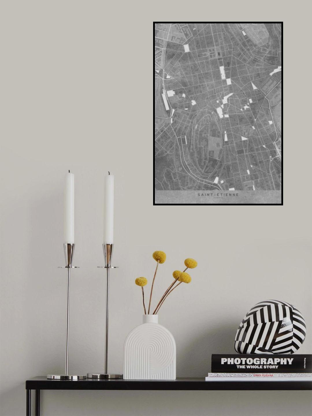 Gray vintage map of Saint Etienne downtown France Poster och Canvastavla