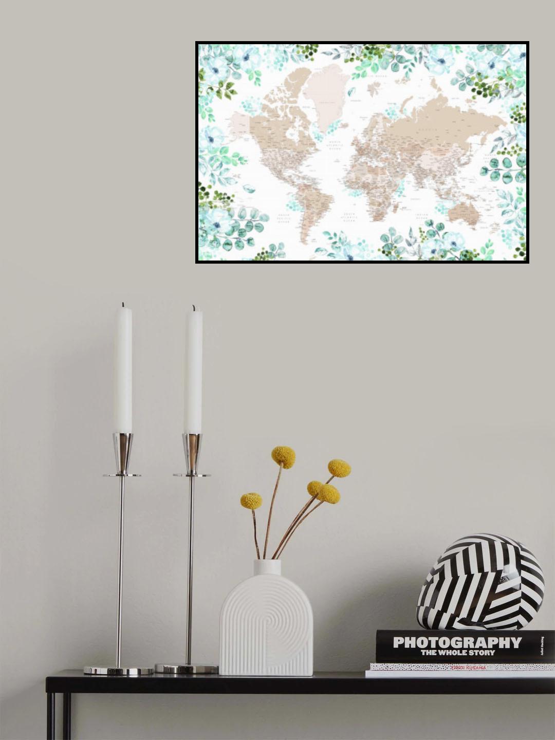 Detailed floral world map with cities, Leanne Poster och Canvastavla