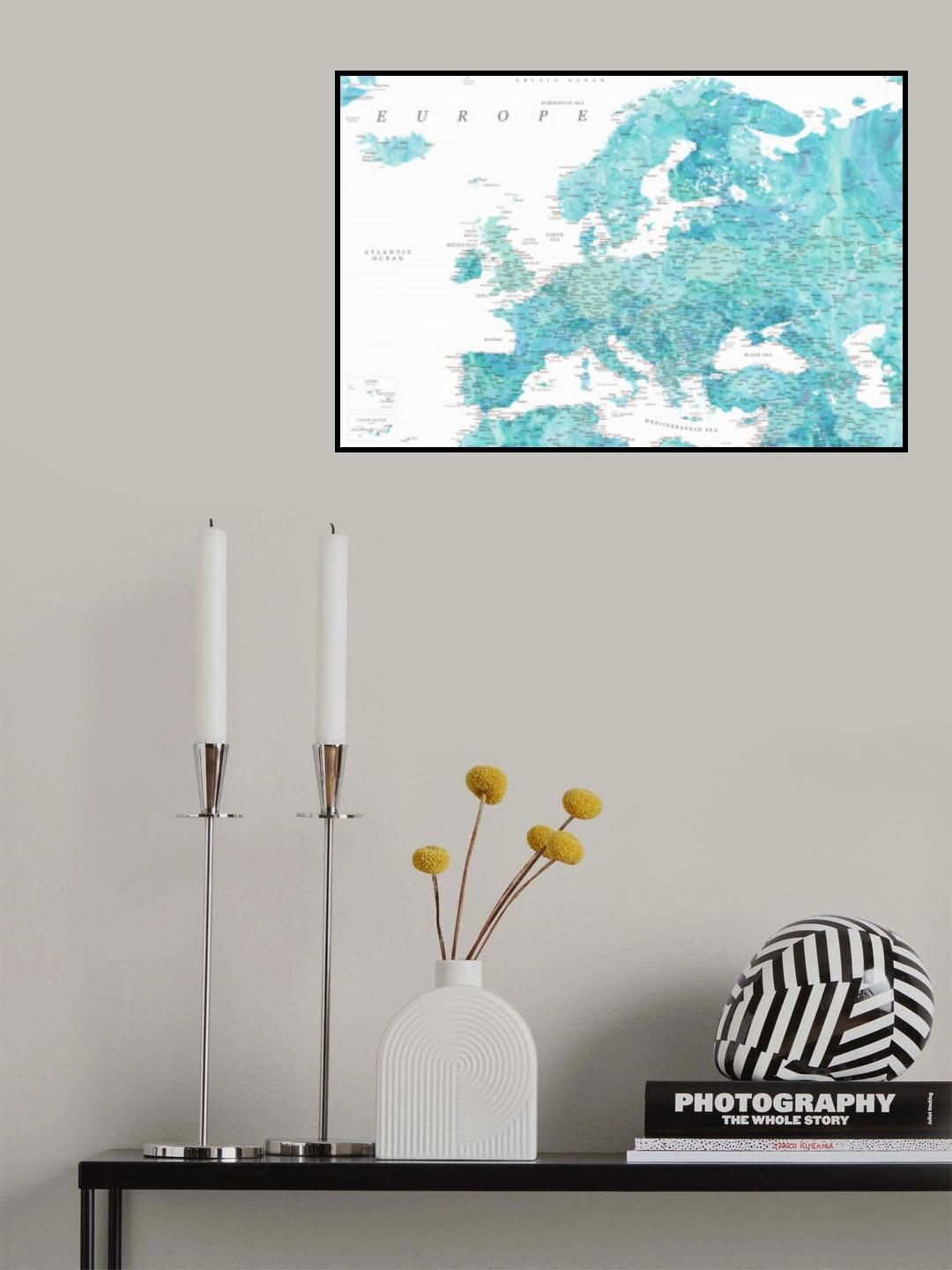 Aquamarine detailed map of Europe Poster och Canvastavla