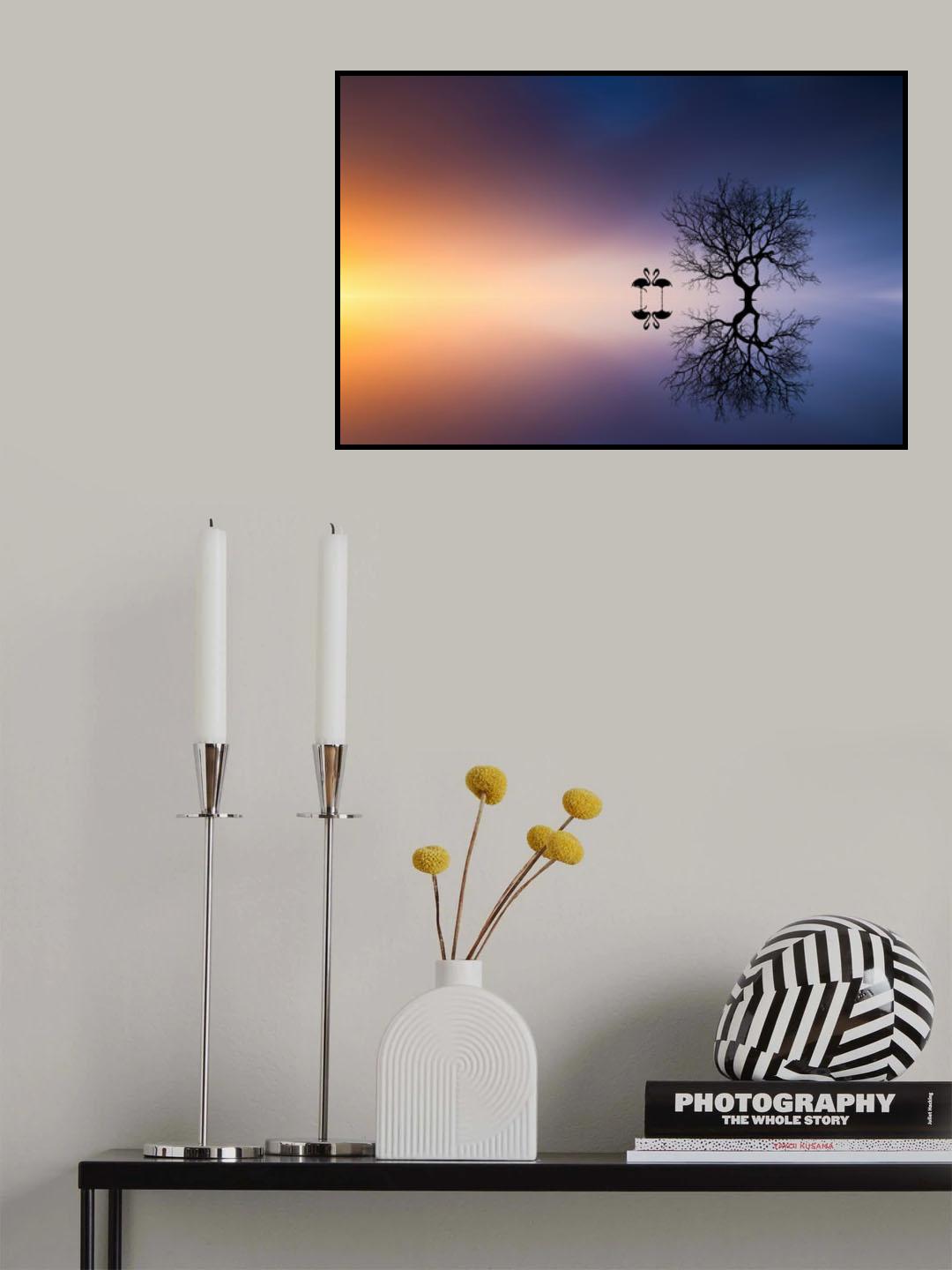 Flamingos in a lake with a tree Poster och Canvastavla