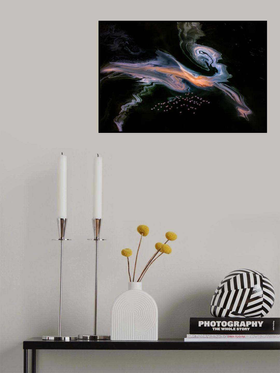 Flamingos and a Mysterious Creature on the Lake Magadi Poster och Canvastavla