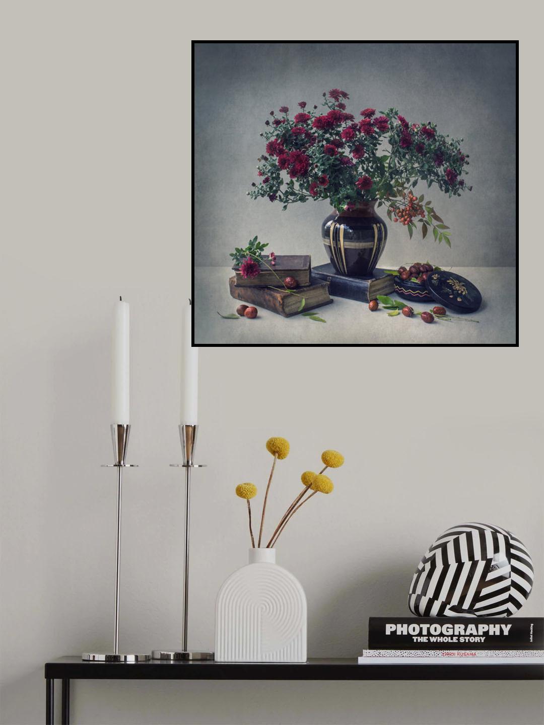 Chrysanthemums, old books and chinese date Poster och Canvastavla