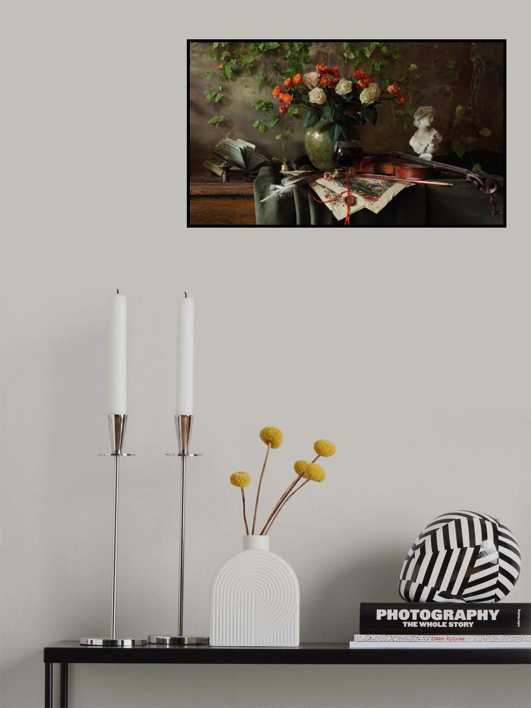 Still life with violin and flowers Poster och Canvastavla