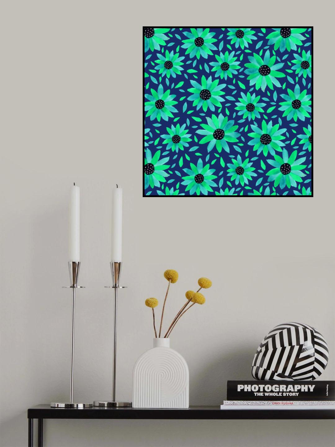 Floral Polka Dot Center Turquoise On Navy Poster och Canvastavla