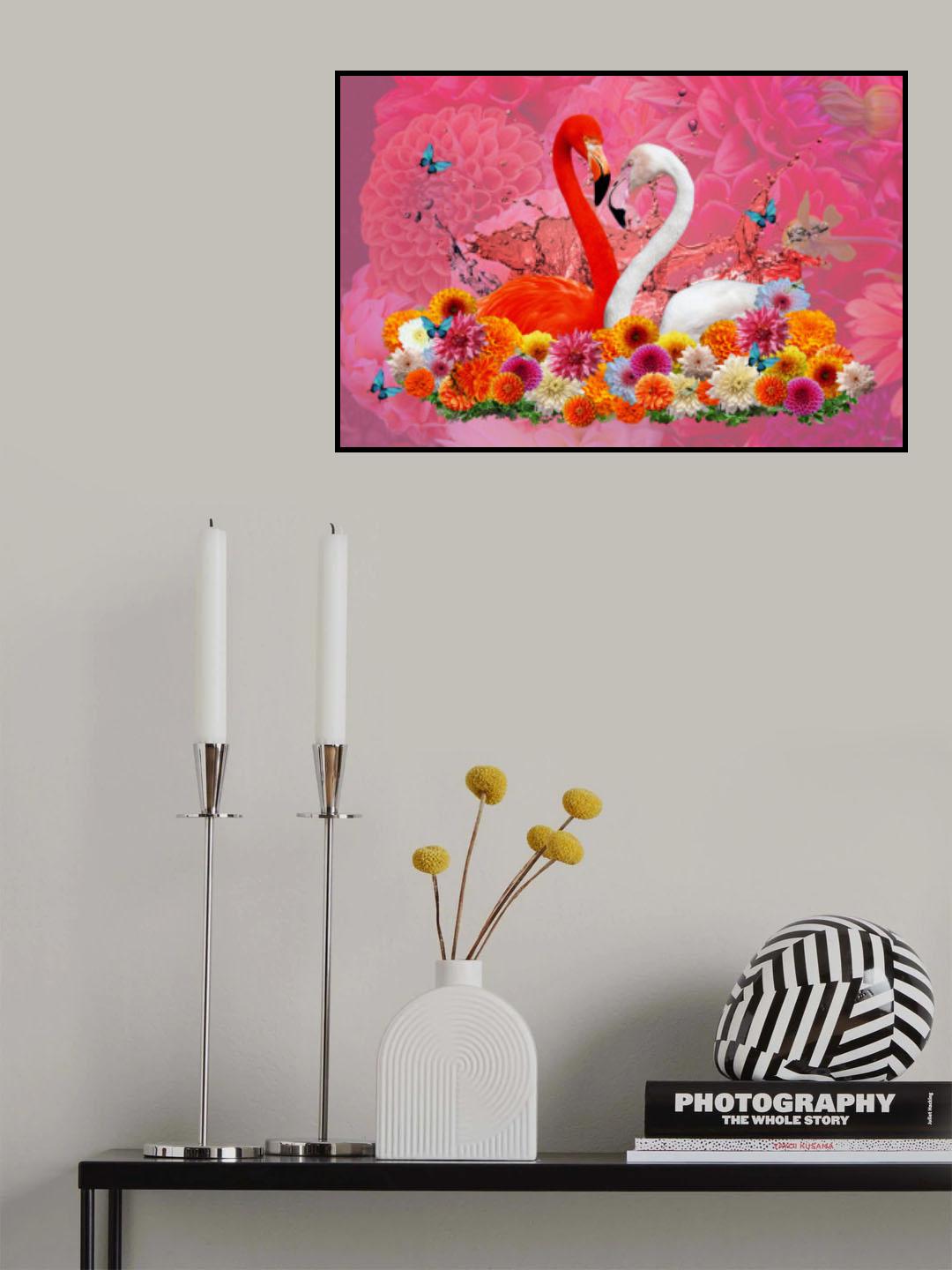 Flamingo & Dahlias Spring Poster och Canvastavla
