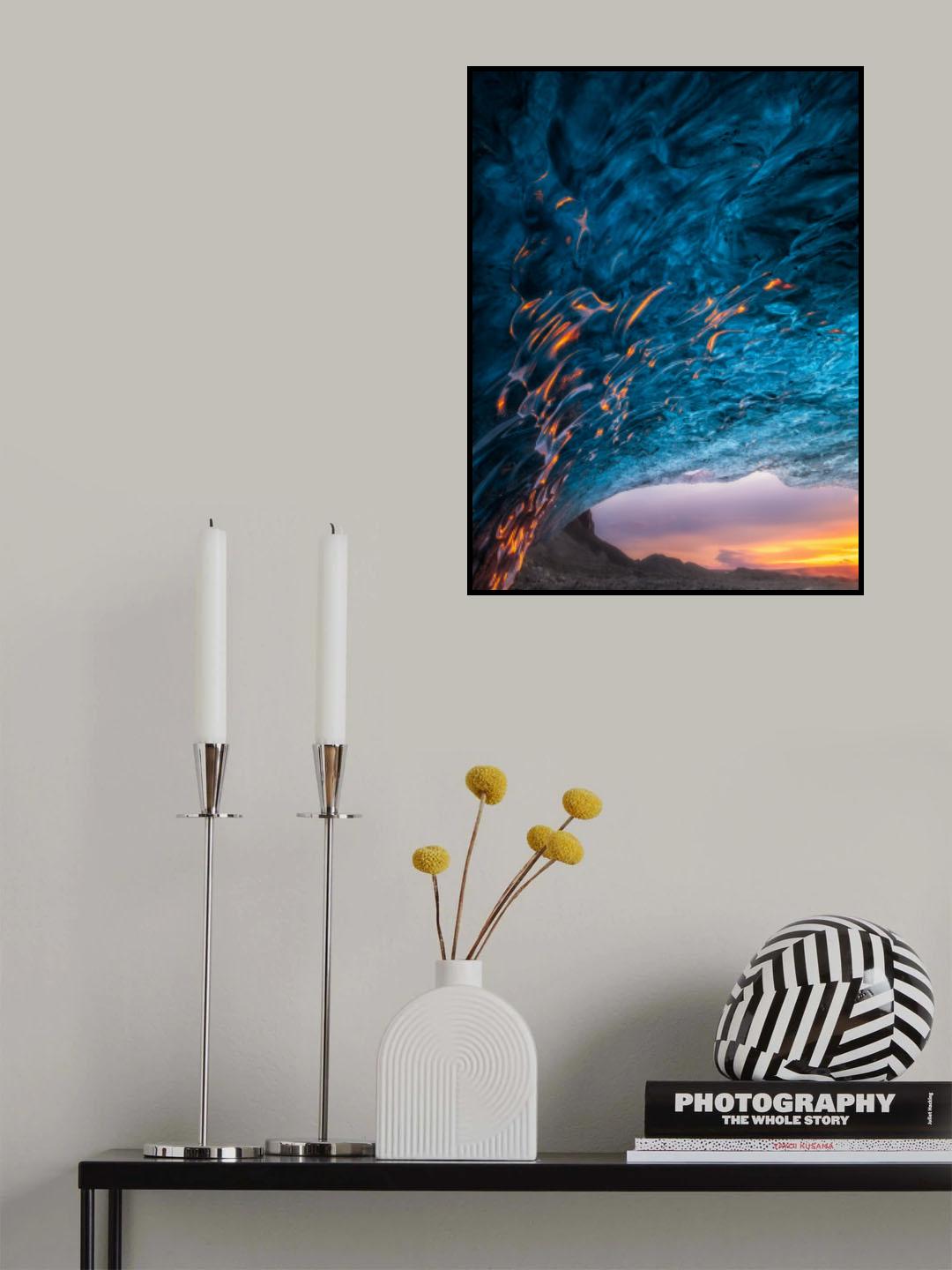 Flames Dancing in the Ice, blue ice cave in Iceland. Poster och Canvastavla
