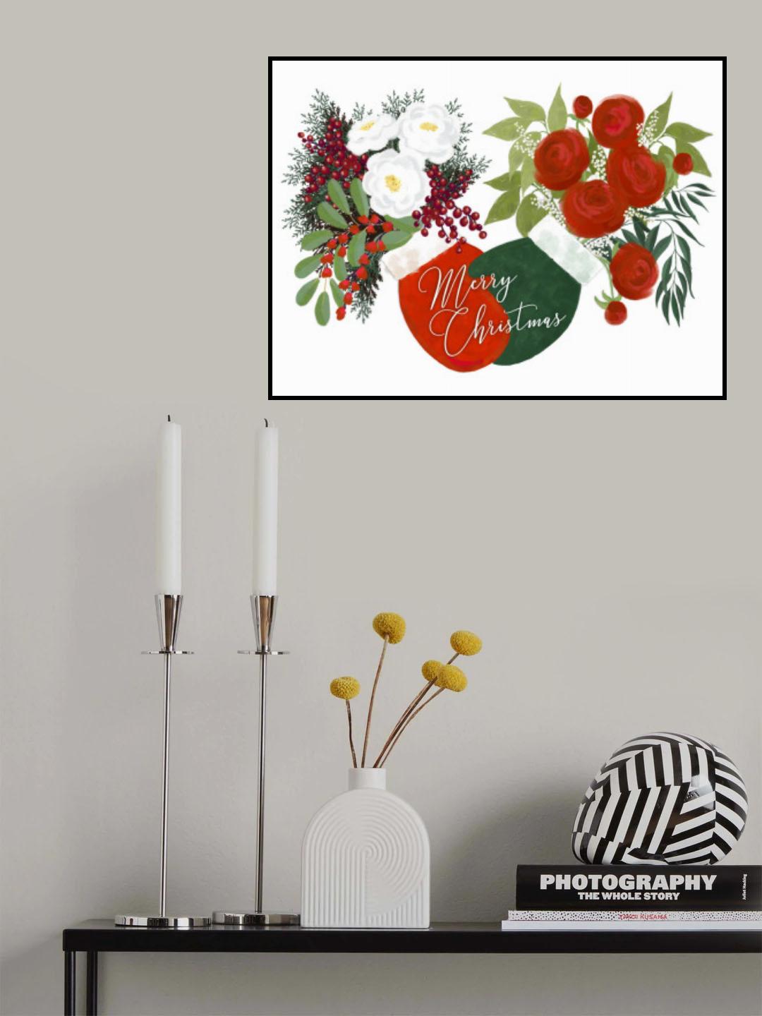 Floral mittens Merry Christmas in white Poster och Canvastavla