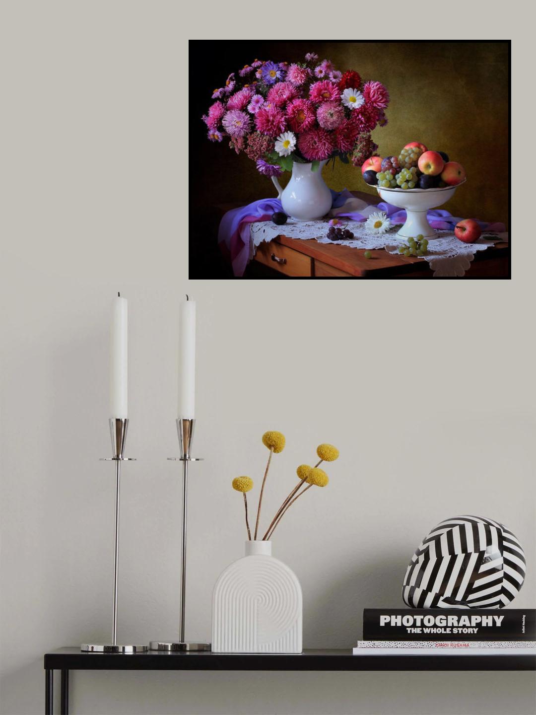 Still life with a bouquet of asters and fruits Poster och Canvastavla