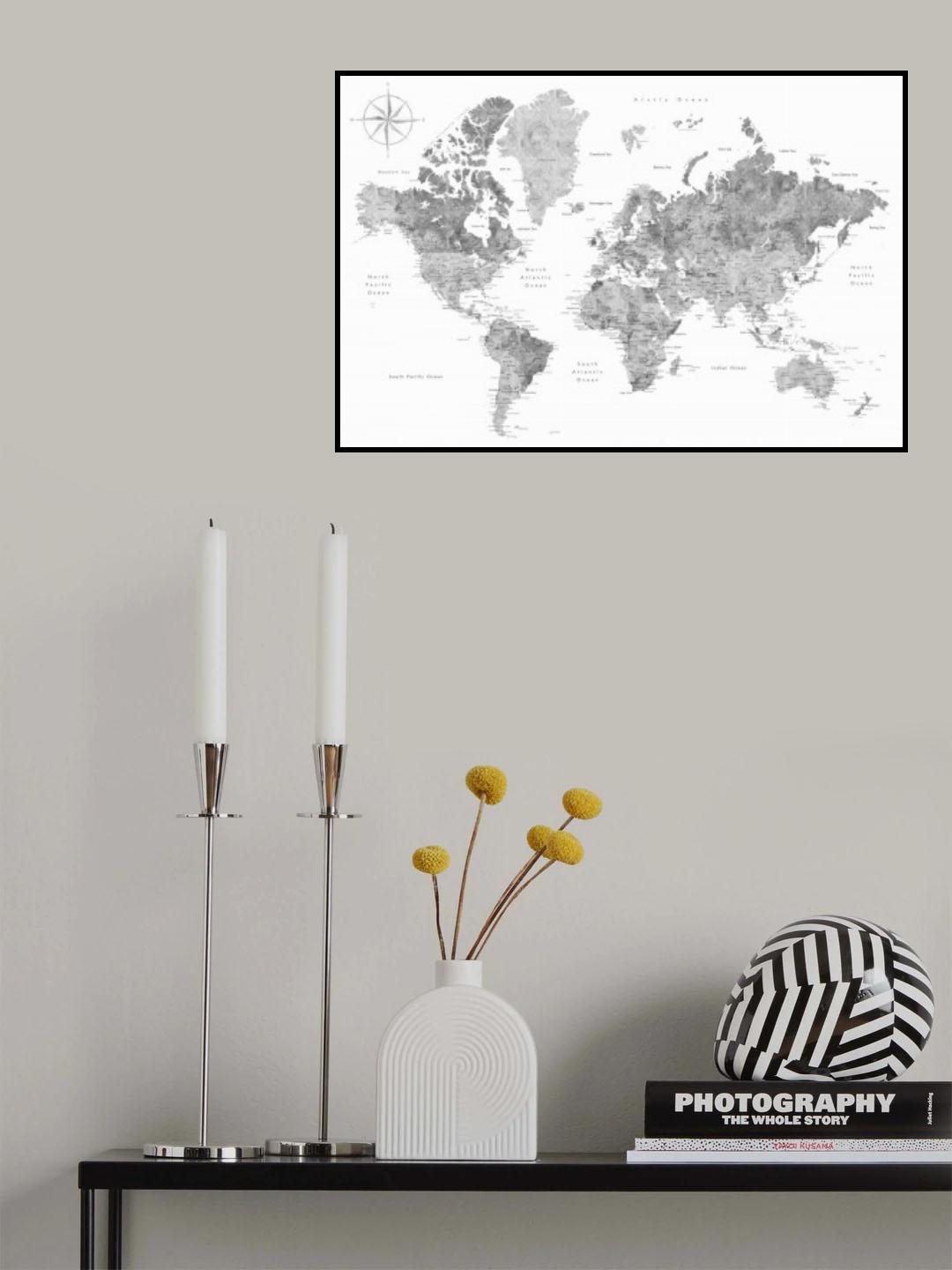 Grayscale watercolor world map with cities, Rylan Poster och Canvastavla