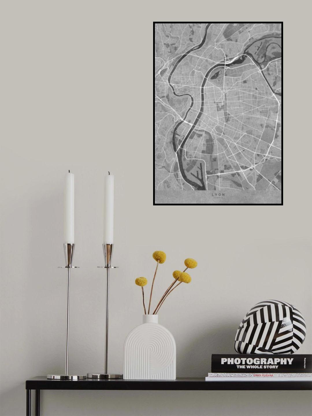 Gray vintage map of Lyon France Poster och Canvastavla