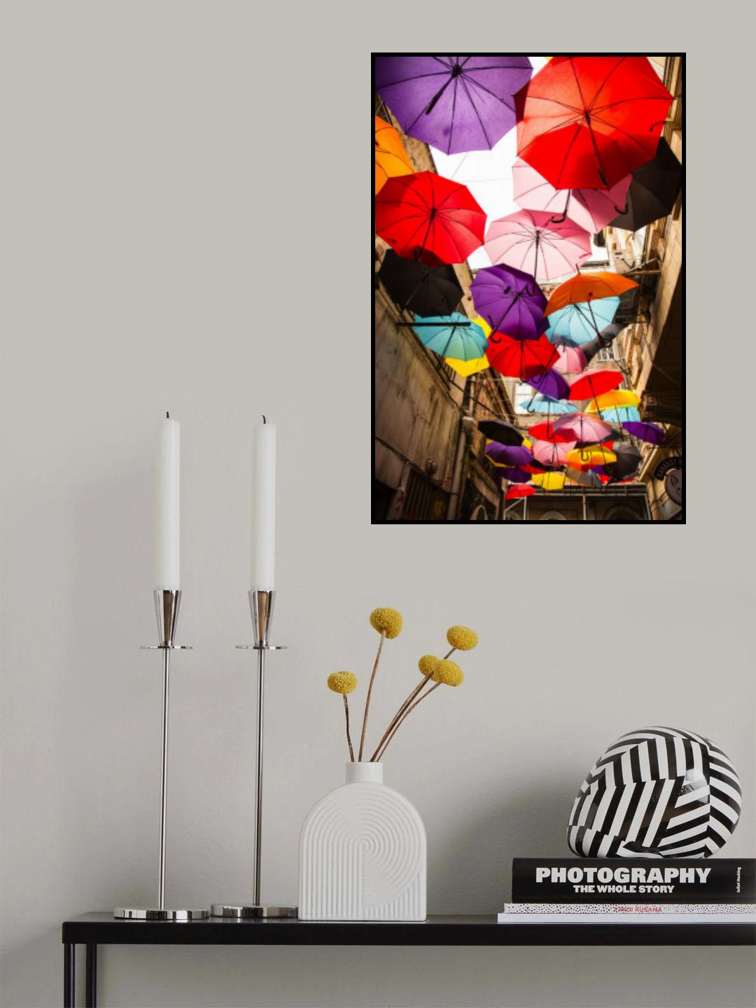 old building and decorative umbrellas Poster och Canvastavla