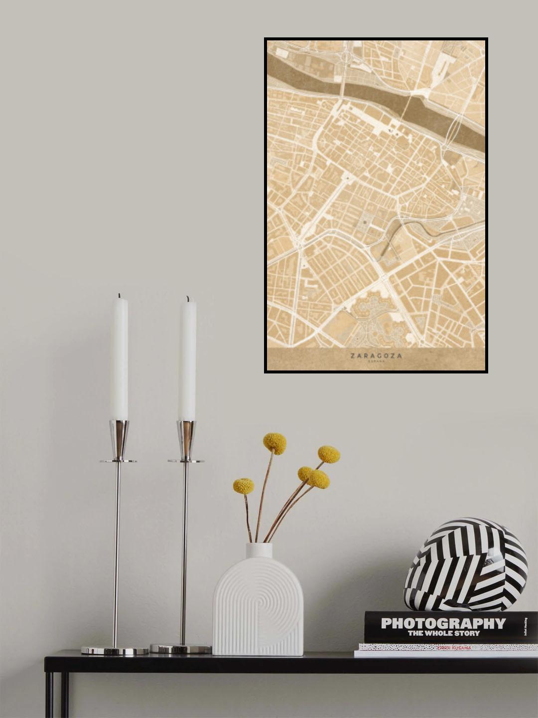 Map of Zaragoza downtown (Spain) in sepia vintage style Poster och Canvastavla