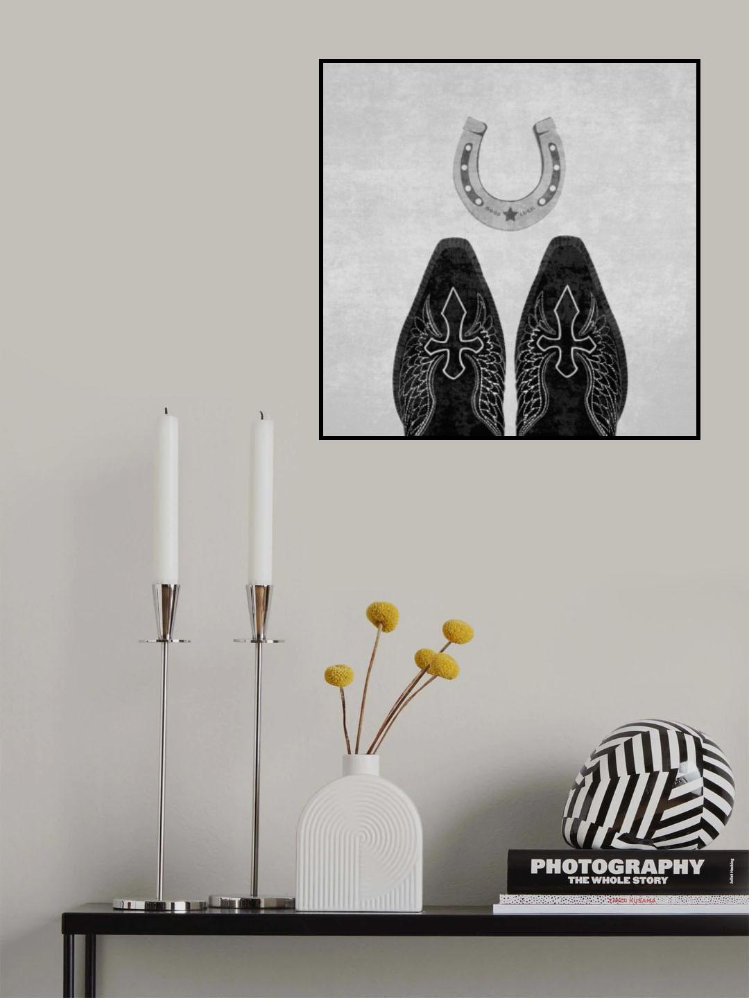 Bw Cowboy Boots and Horseshoe Poster och Canvastavla