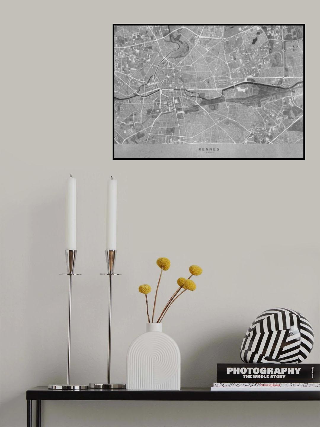Gray vintage map of Rennes France Poster och Canvastavla