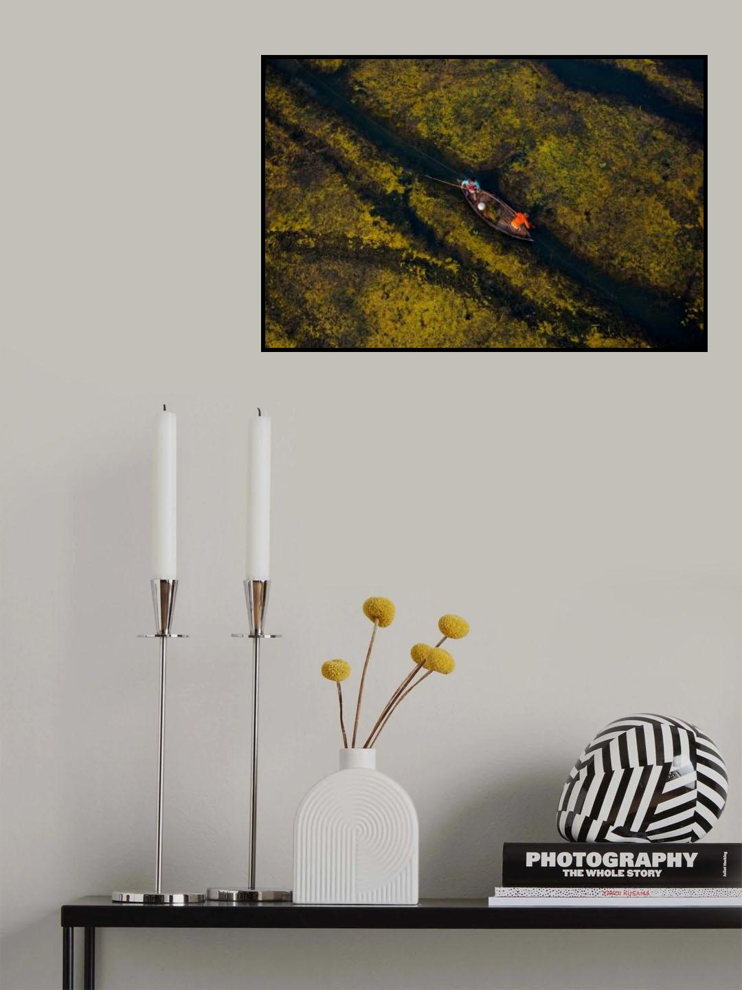 Fishermen moving on the lake Poster och Canvastavla
