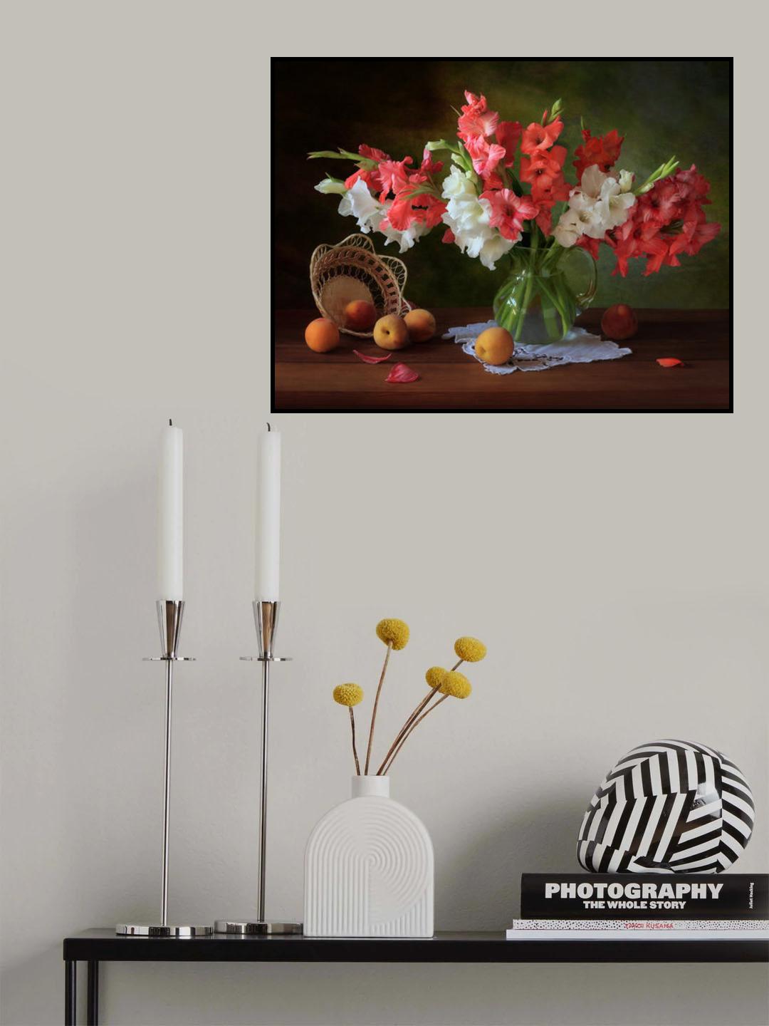 Still life with gladioli and peaches Poster och Canvastavla