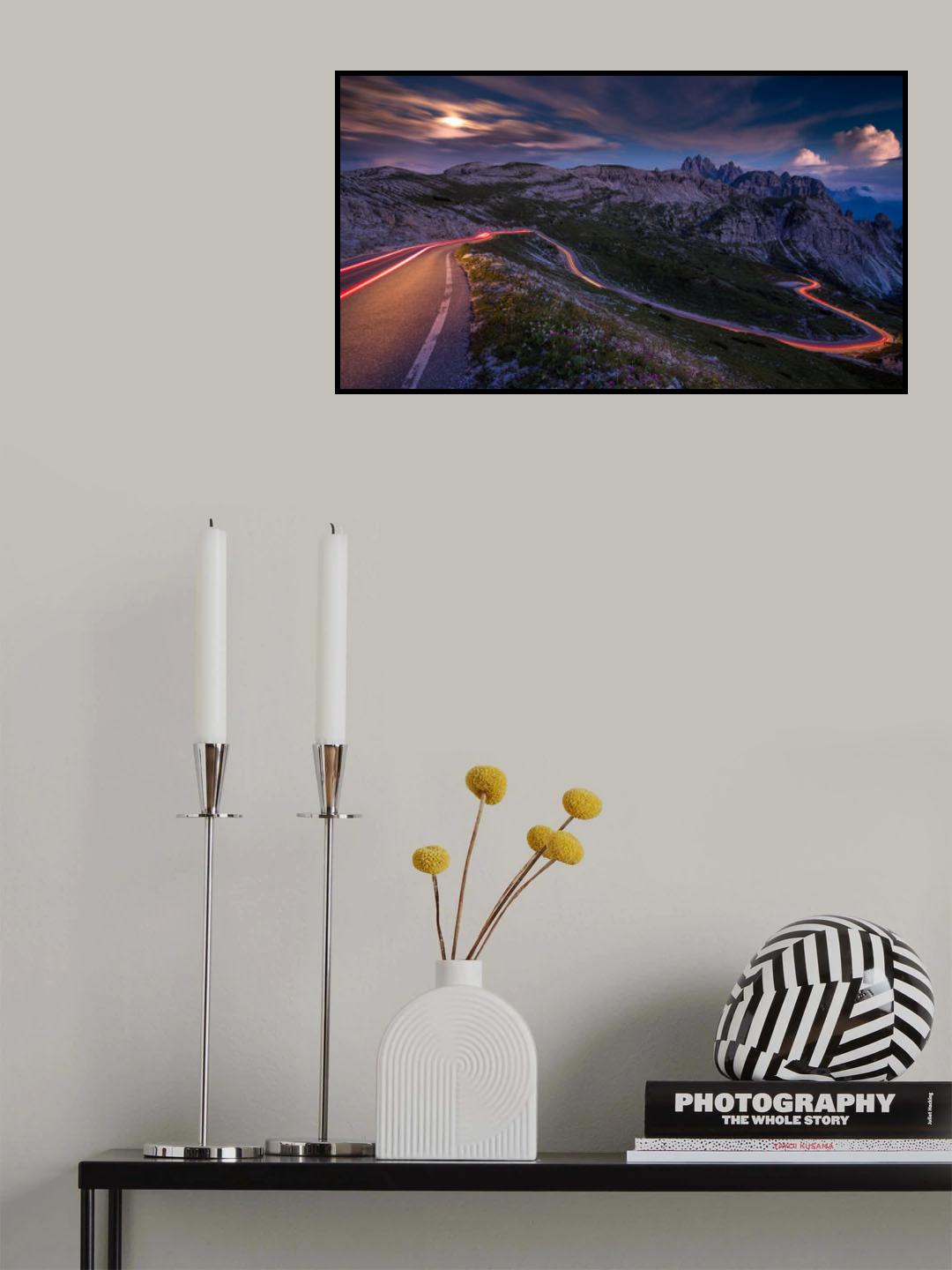 Light tracks on a pass road in the Dolomites Poster och Canvastavla