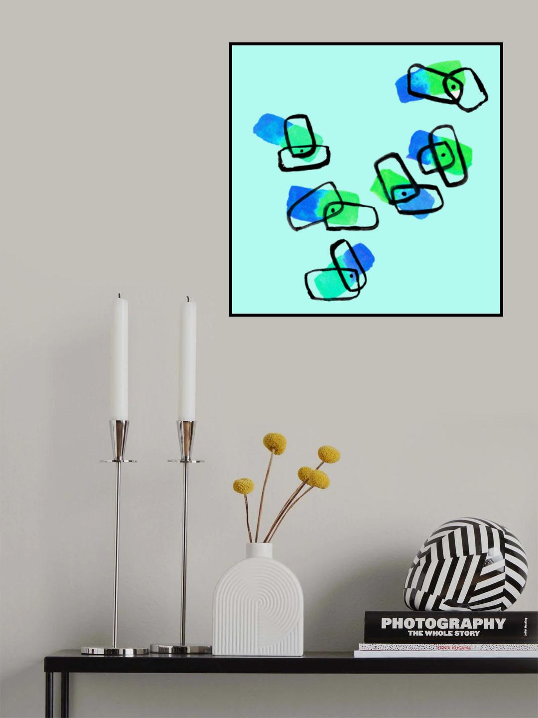 Blue Abstract Shapes Watercolor On Mint Poster och Canvastavla