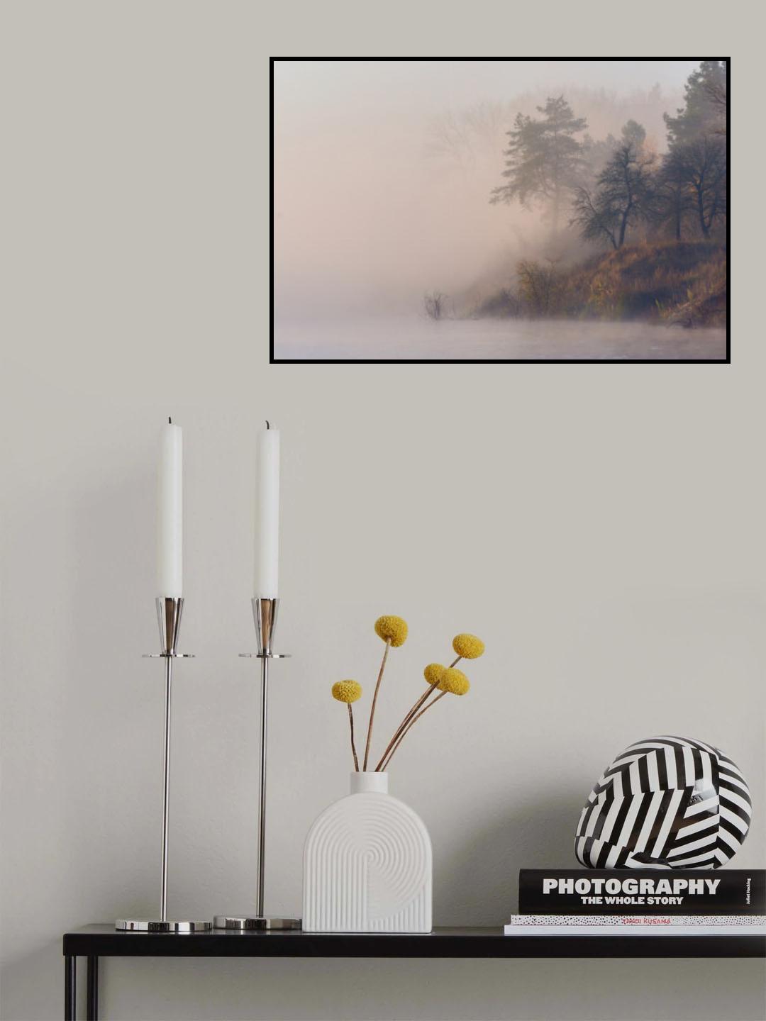 Foggy autumn morning on the river Poster och Canvastavla