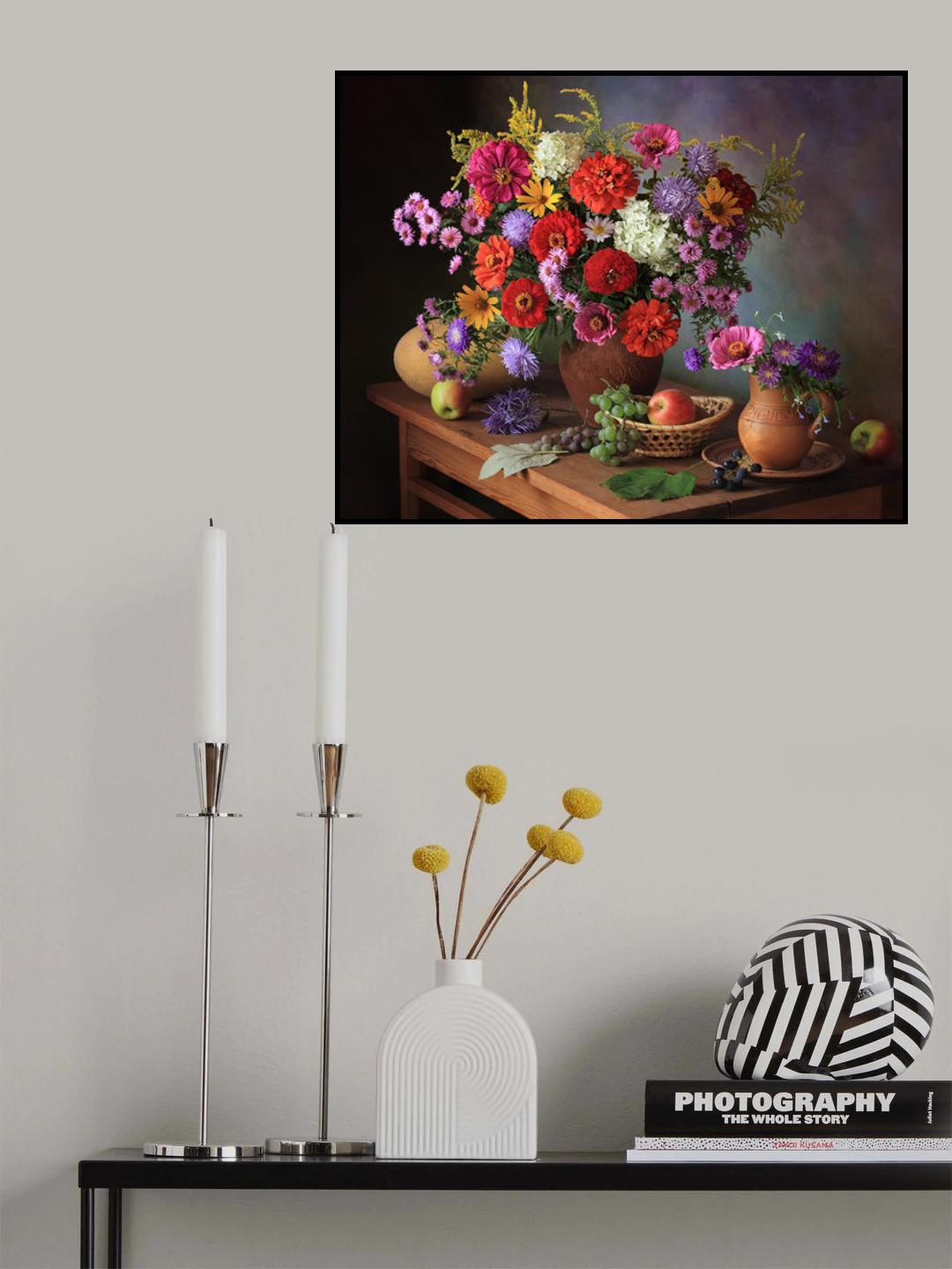 Still life with autumn flowers and fruits Poster och Canvastavla